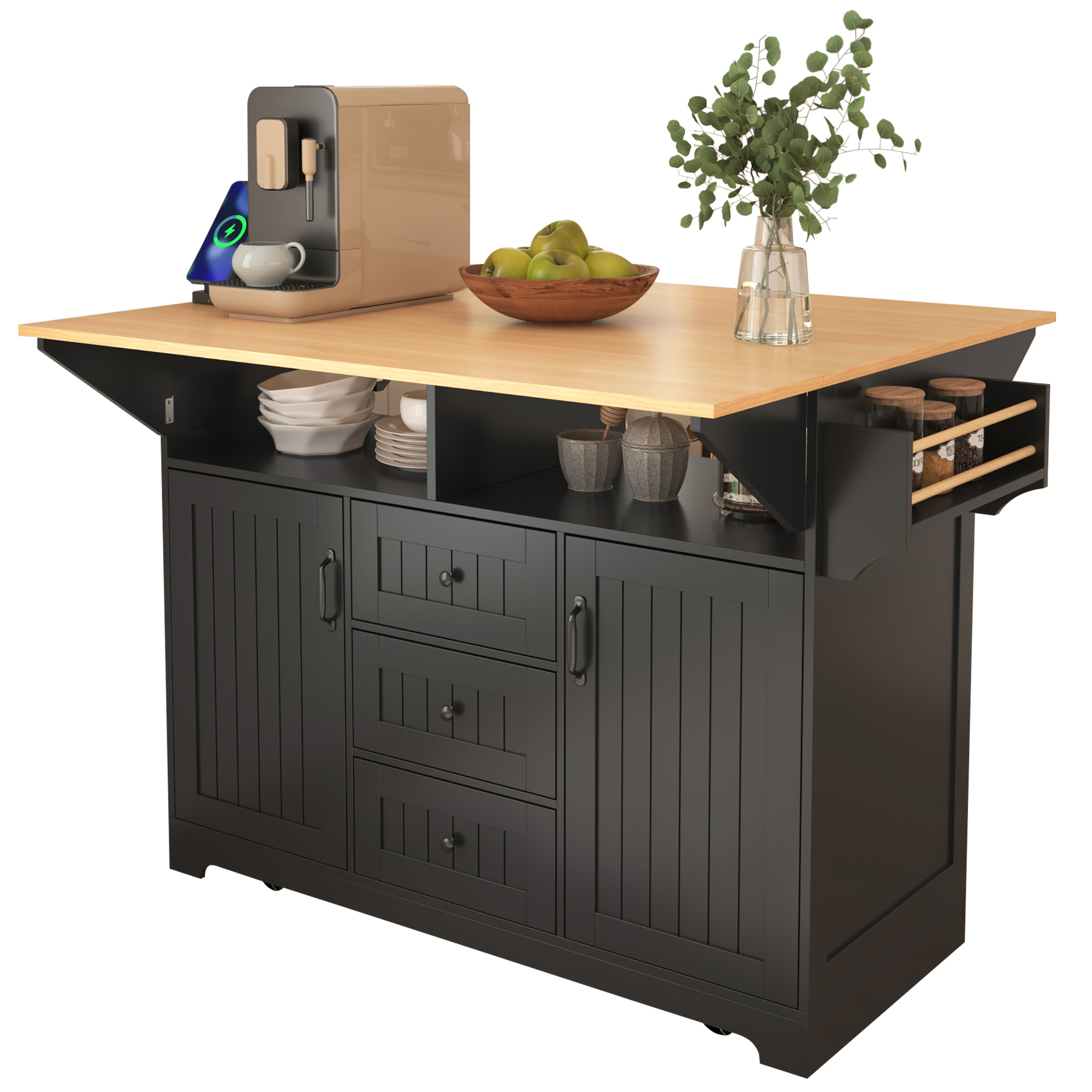 K&K 55.7'' Large Kitchen Island with 2 Drop Leaf,, Rolling Kitchen Cart on 5 Wheels with Power Outlet, Folding Storage Dining Table with Spice & Towel Rack , 3 Drawers, for Kitchen, Dining Room,Black - Image 3
