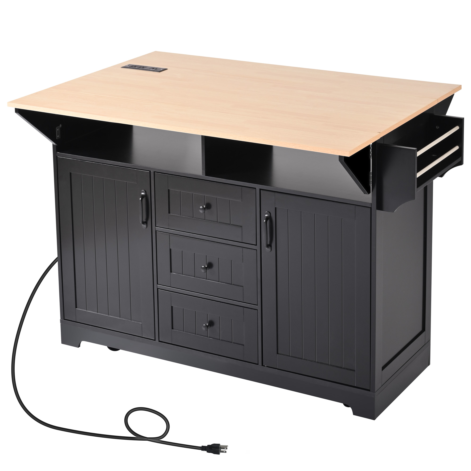 K&K 55.7'' Large Kitchen Island with 2 Drop Leaf,, Rolling Kitchen Cart on 5 Wheels with Power Outlet, Folding Storage Dining Table with Spice & Towel Rack , 3 Drawers, for Kitchen, Dining Room,Black - Image 4