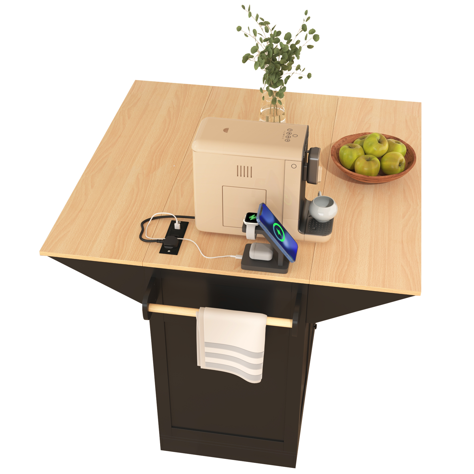 K&K 55.7'' Large Kitchen Island with 2 Drop Leaf,, Rolling Kitchen Cart on 5 Wheels with Power Outlet, Folding Storage Dining Table with Spice & Towel Rack , 3 Drawers, for Kitchen, Dining Room,Black - Image 5