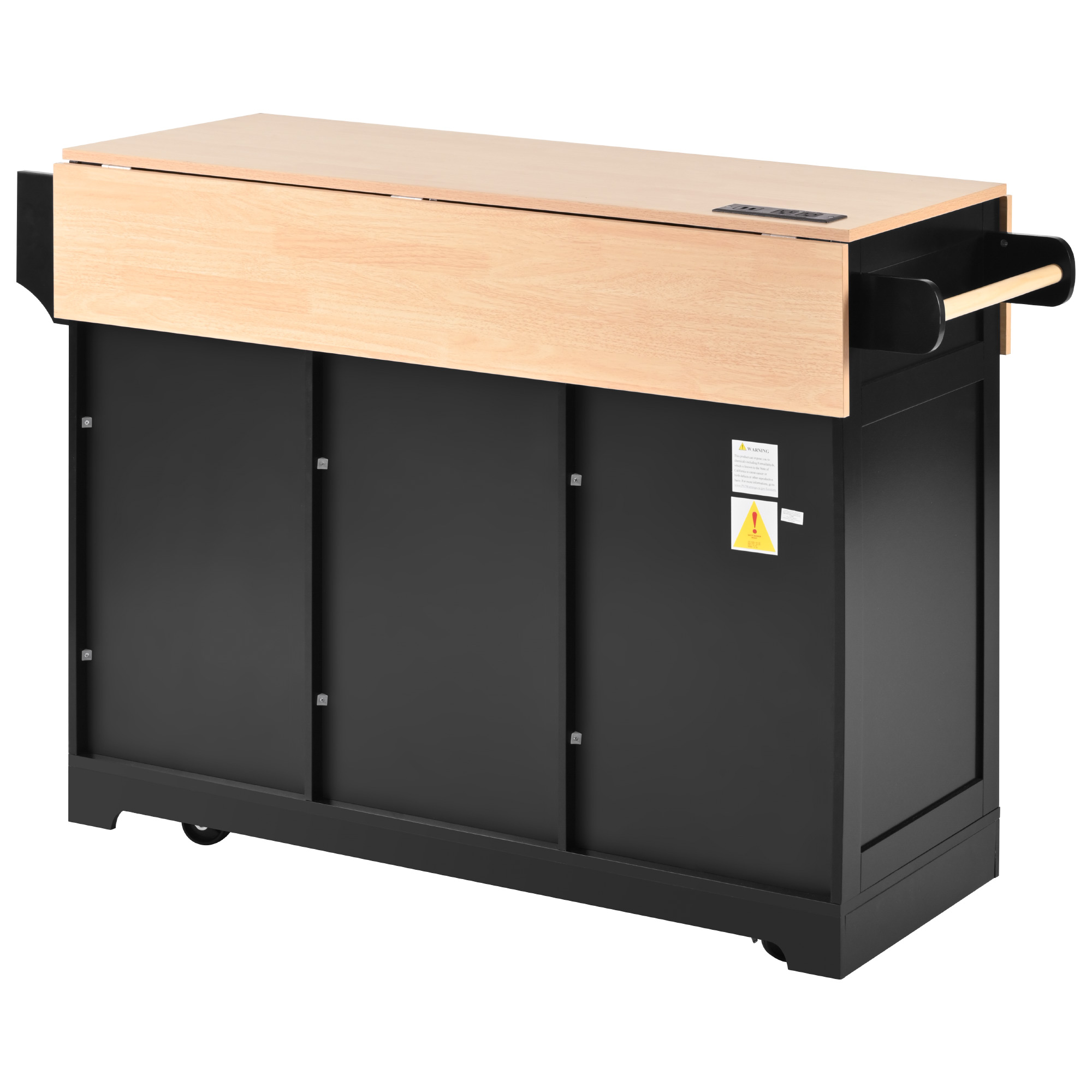 K&K 55.7'' Large Kitchen Island with 2 Drop Leaf,, Rolling Kitchen Cart on 5 Wheels with Power Outlet, Folding Storage Dining Table with Spice & Towel Rack , 3 Drawers, for Kitchen, Dining Room,Black - Image 6