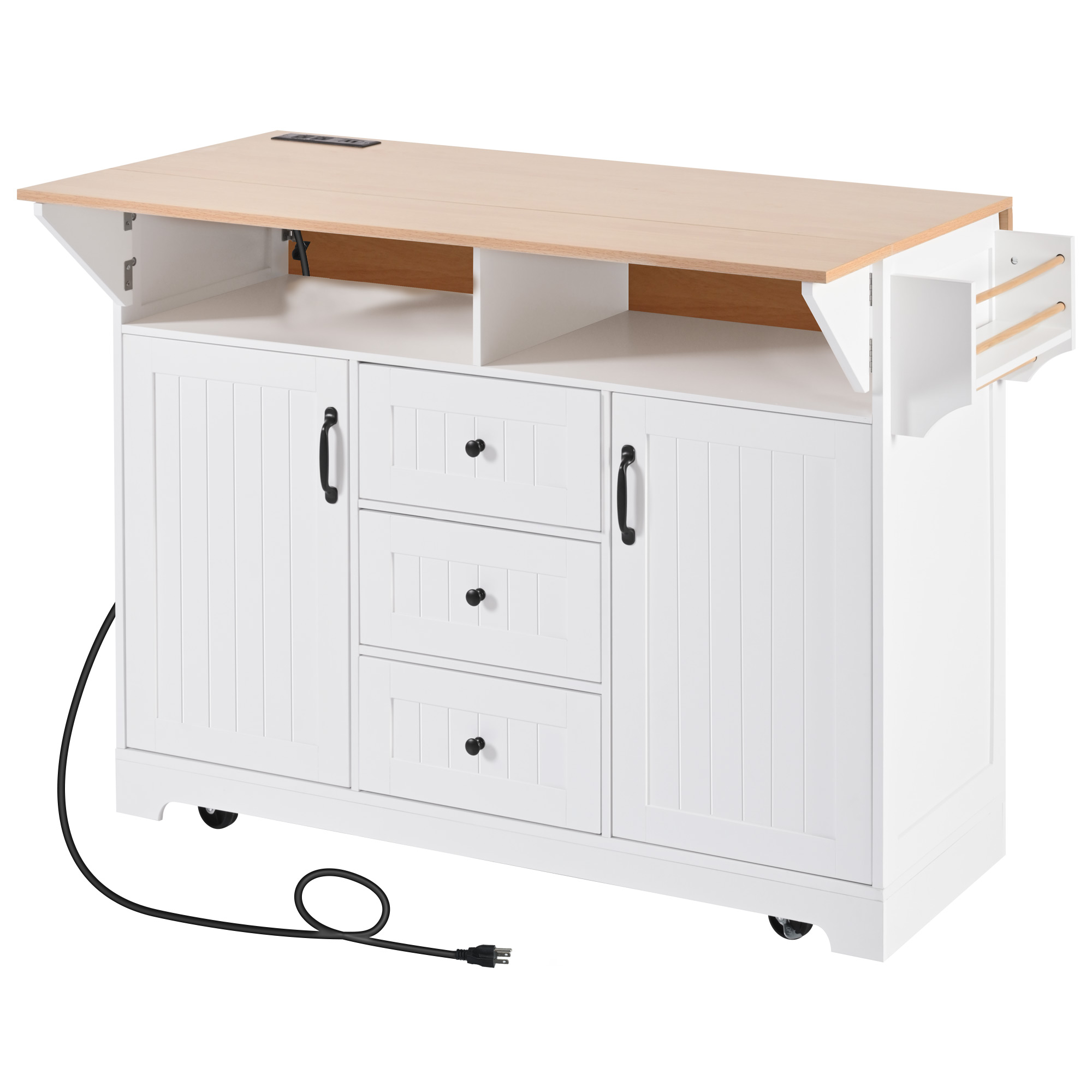 K&K 55.7'' Large Kitchen Island with 2 Drop Leaf,, Rolling Kitchen Cart on 5 Wheels with Power Outlet, Folding Storage Dining Table with Spice & Towel Rack , 3 Drawers, for Kitchen, Dining Room,White - Image 2
