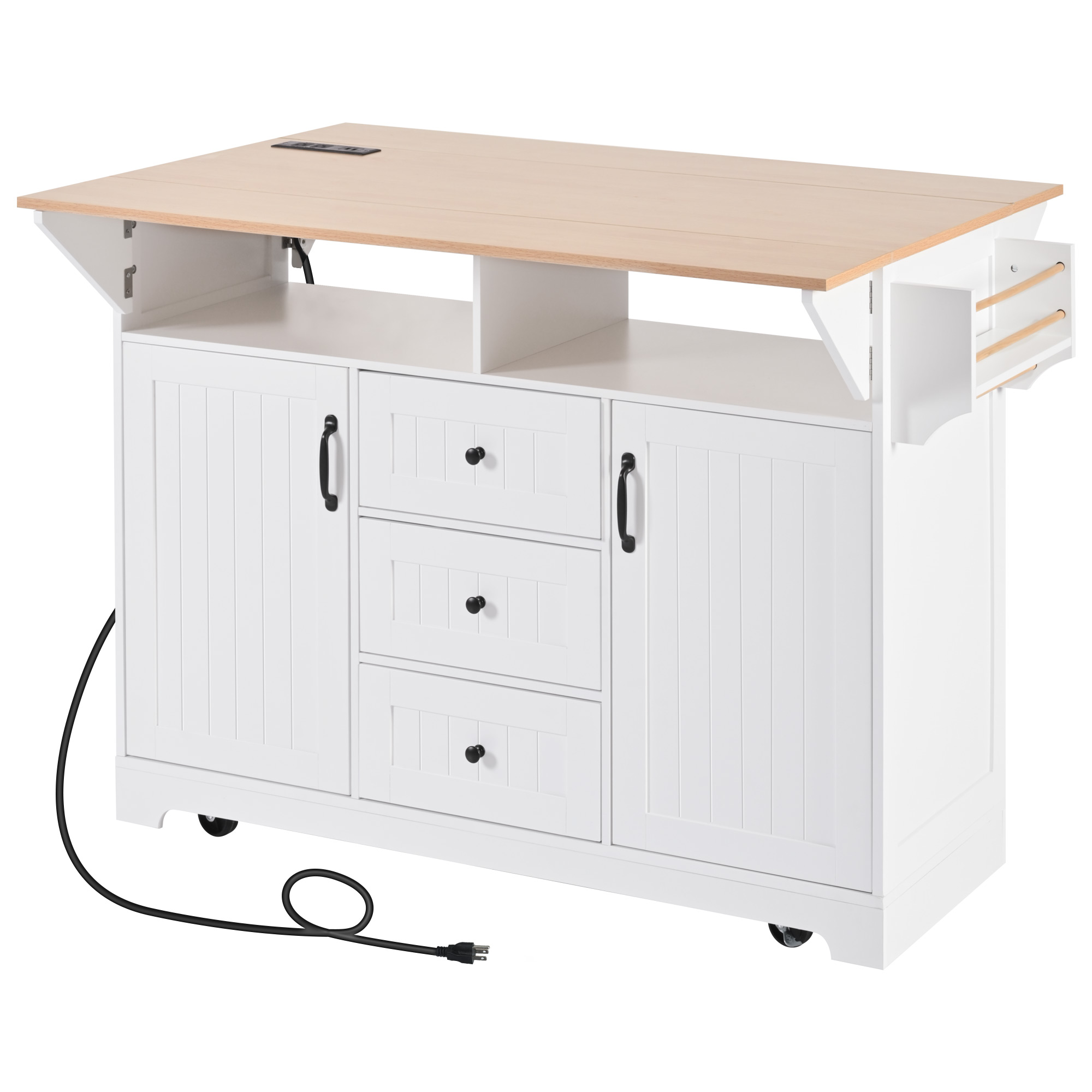 K&K 55.7'' Large Kitchen Island with 2 Drop Leaf,, Rolling Kitchen Cart on 5 Wheels with Power Outlet, Folding Storage Dining Table with Spice & Towel Rack , 3 Drawers, for Kitchen, Dining Room,White - Image 3