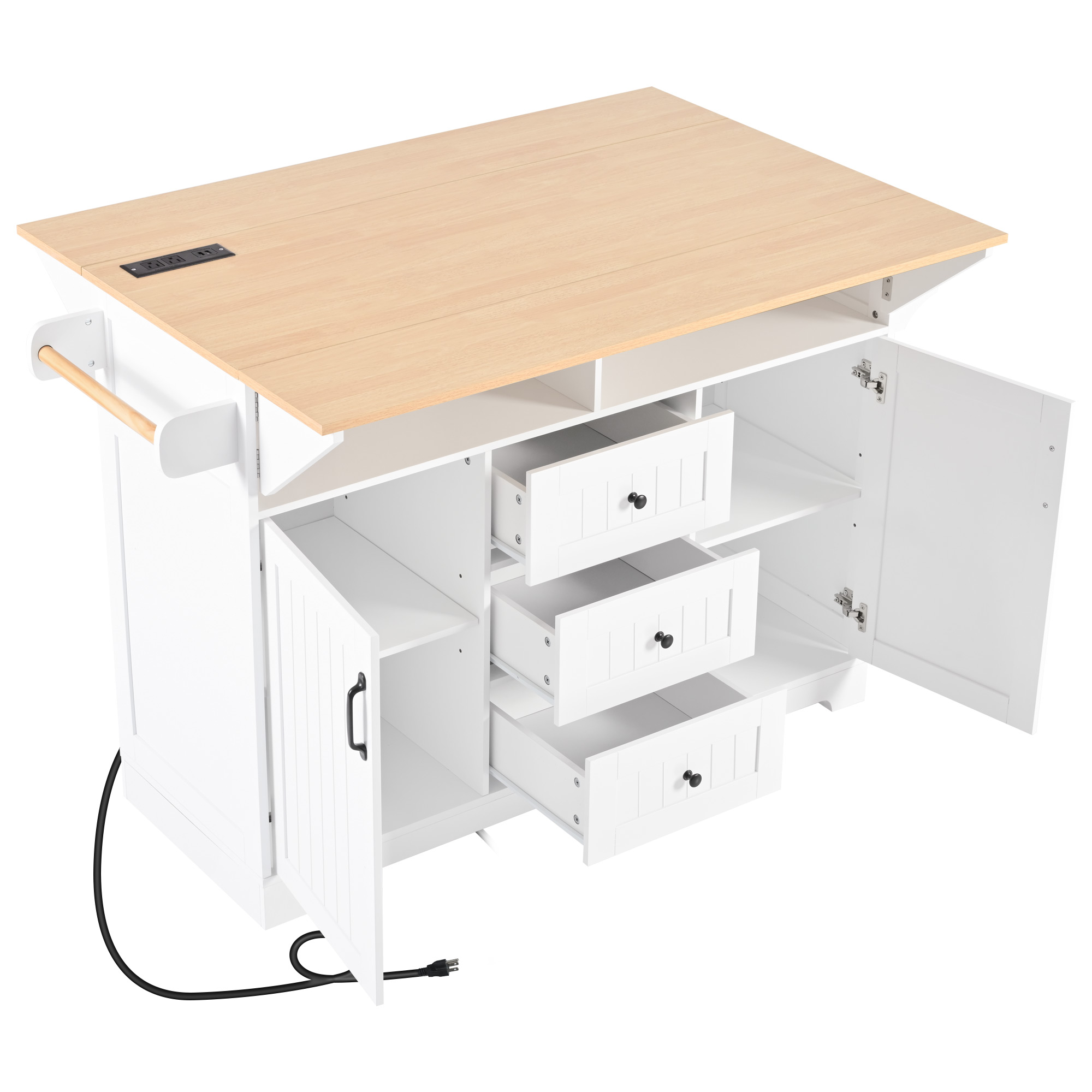 K&K 55.7'' Large Kitchen Island with 2 Drop Leaf,, Rolling Kitchen Cart on 5 Wheels with Power Outlet, Folding Storage Dining Table with Spice & Towel Rack , 3 Drawers, for Kitchen, Dining Room,White - Image 4