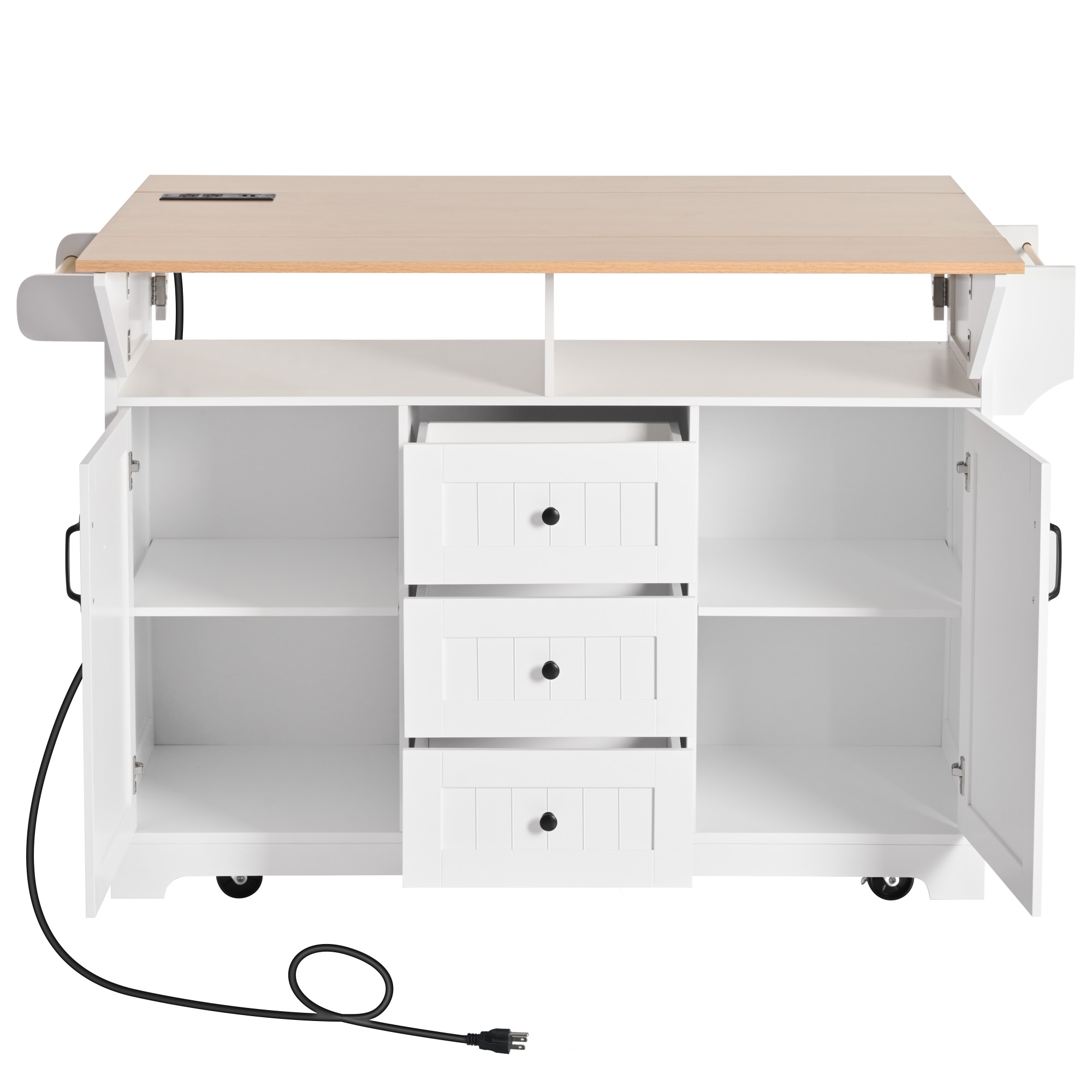 K&K 55.7'' Large Kitchen Island with 2 Drop Leaf,, Rolling Kitchen Cart on 5 Wheels with Power Outlet, Folding Storage Dining Table with Spice & Towel Rack , 3 Drawers, for Kitchen, Dining Room,White - Image 5