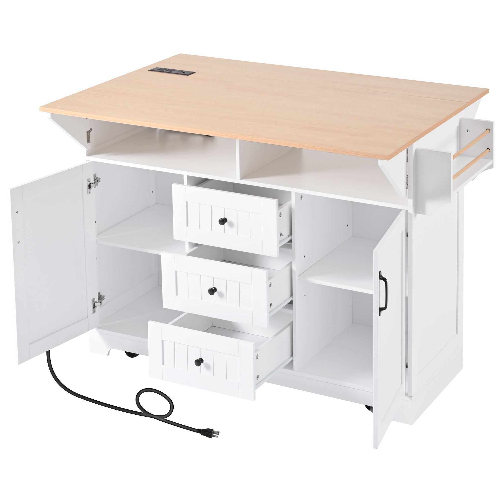K&K 55.7'' Large Kitchen Island with 2 Drop Leaf,, Rolling Kitchen Cart on 5 Wheels with Power Outlet, Folding Storage Dining Table with Spice & Towel Rack , 3 Drawers, for Kitchen, Dining Room,White - Image 6