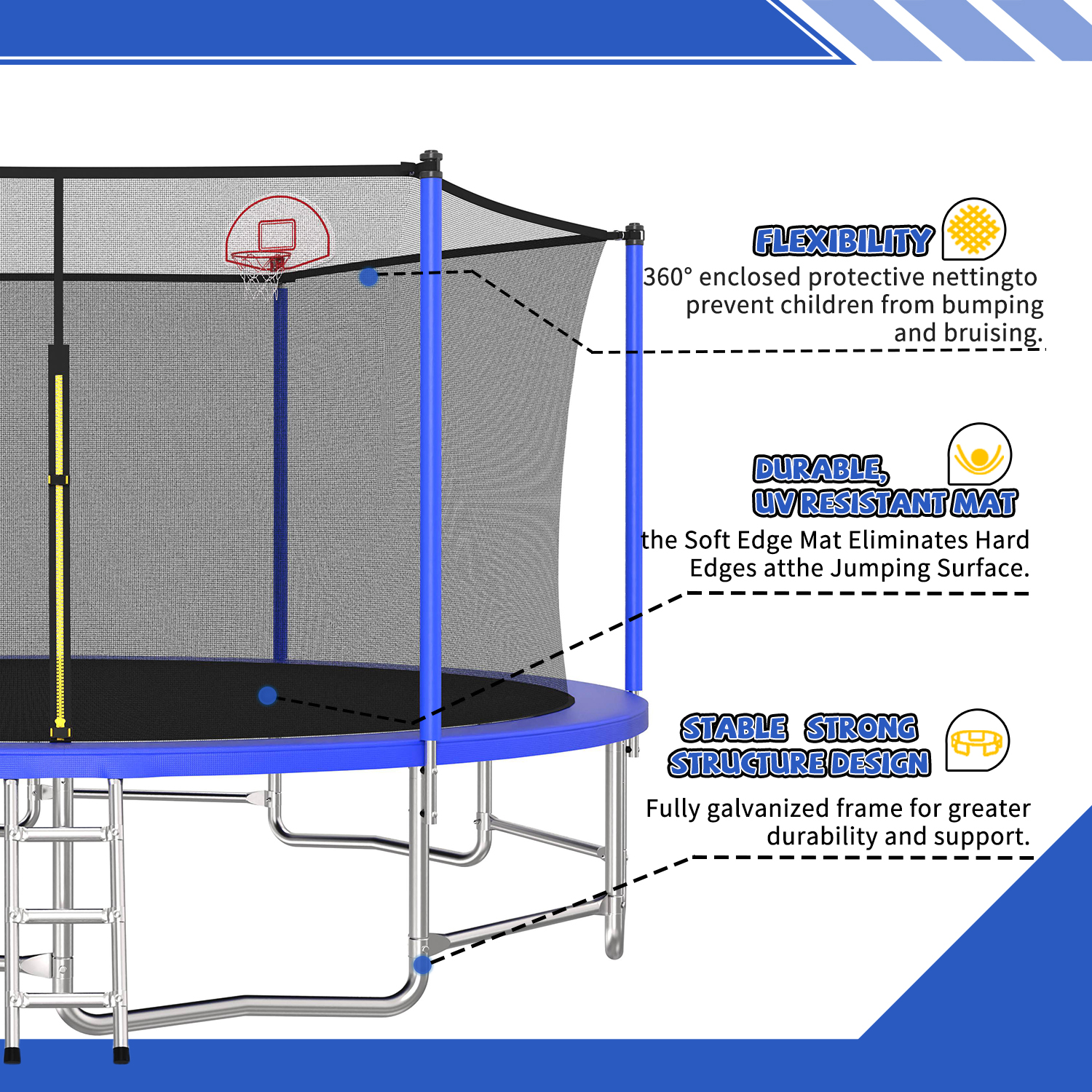 16FT Trampoline with Balance Bar & Basketball Hoop&Ball, ASTM Approved Reinforced Type Outdoor Trampoline with Enclosure Net - Image 4