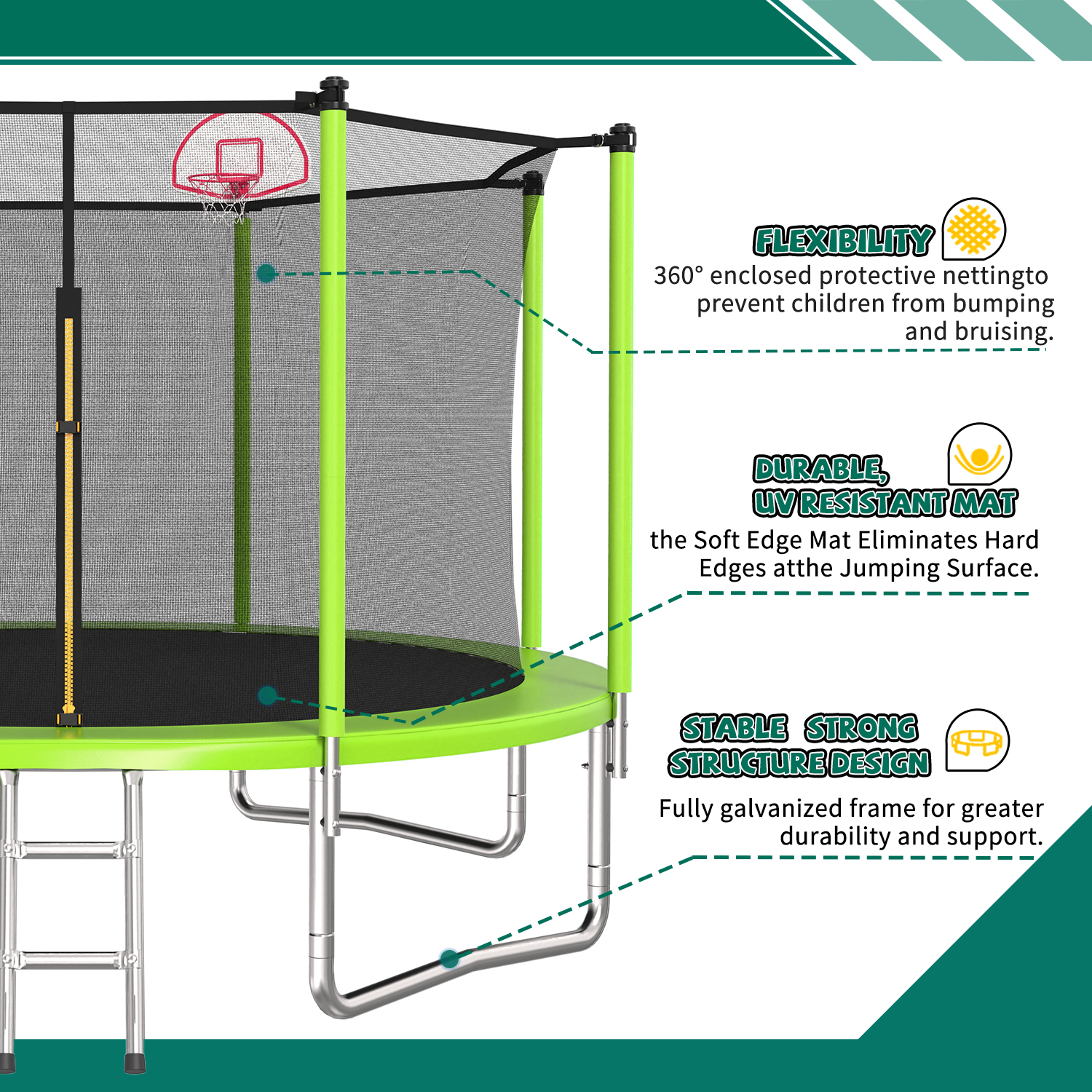 12FT Trampoline Green for Kids & Adults with Basketball Hoop and Ball ,Recreational Trampolines with Safety Enclosure for Back Yard Outdoor - Image 2