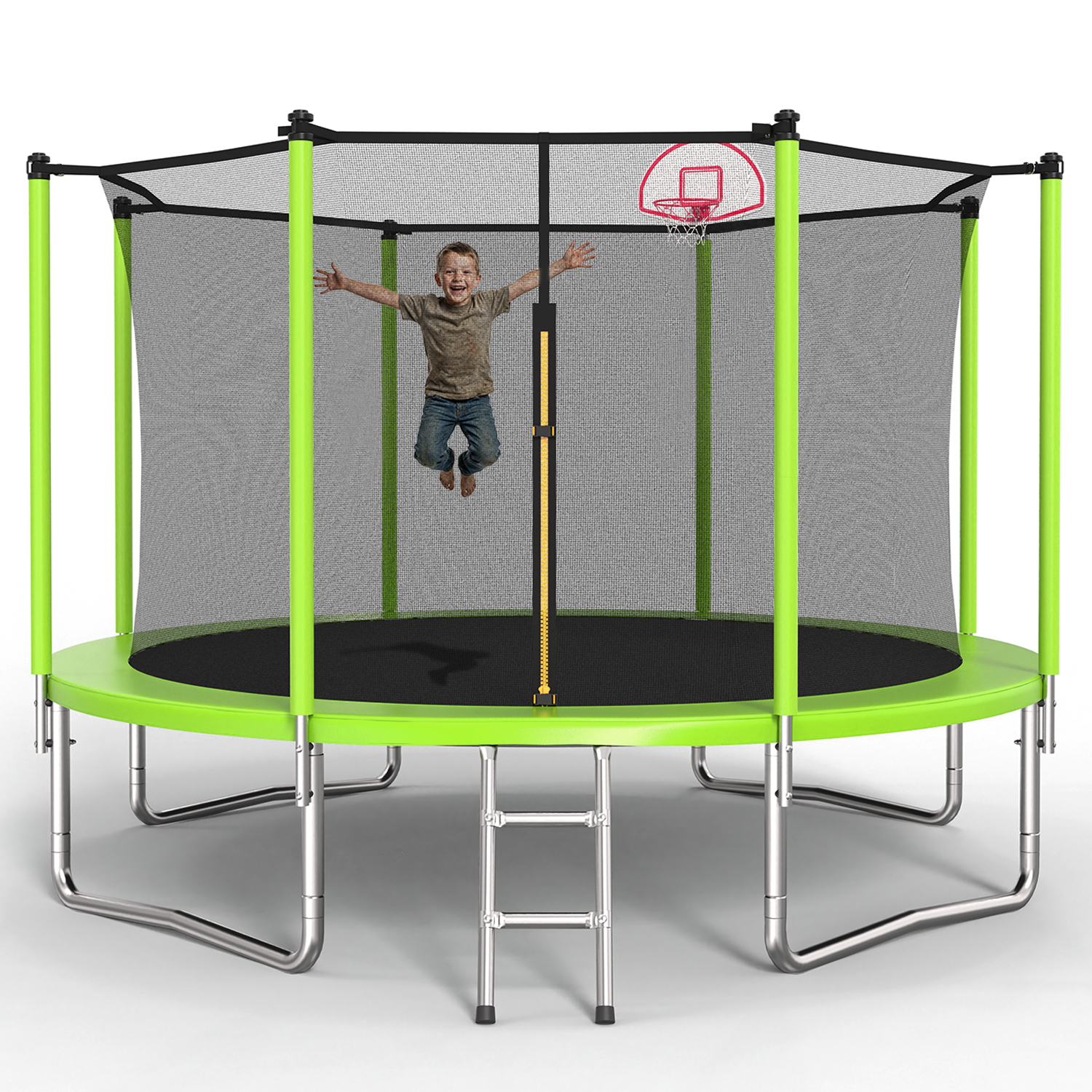 12FT Trampoline Green for Kids & Adults with Basketball Hoop and Ball ,Recreational Trampolines with Safety Enclosure for Back Yard Outdoor - Image 3