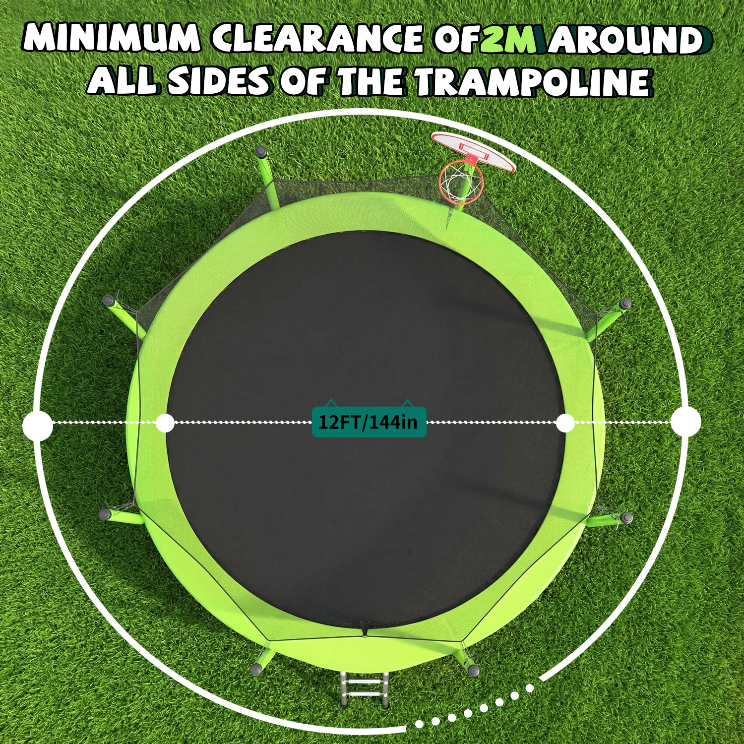 12FT Trampoline Green for Kids & Adults with Basketball Hoop and Ball ,Recreational Trampolines with Safety Enclosure for Back Yard Outdoor - Image 5