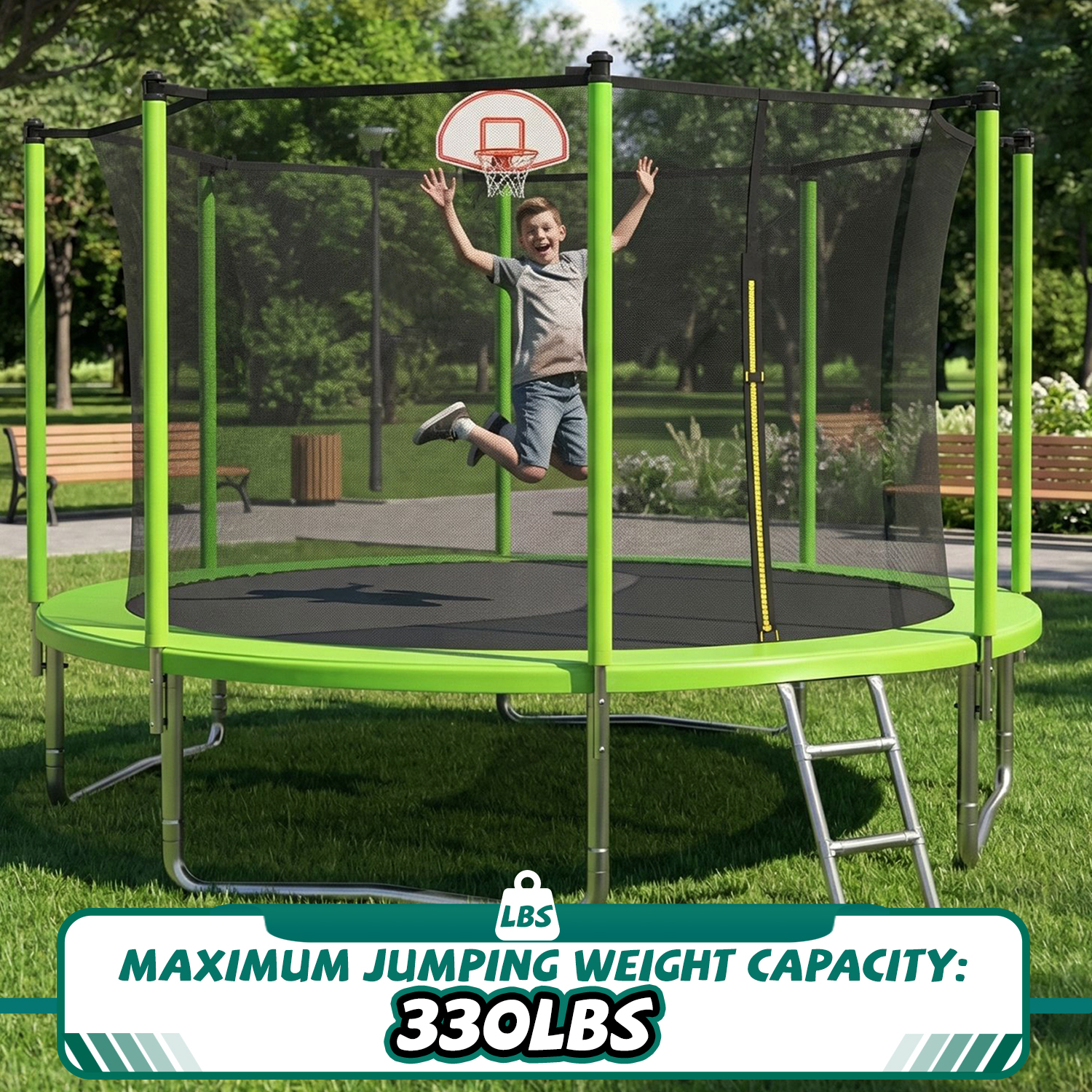 12FT Trampoline Green for Kids & Adults with Basketball Hoop and Ball ,Recreational Trampolines with Safety Enclosure for Back Yard Outdoor - Image 6