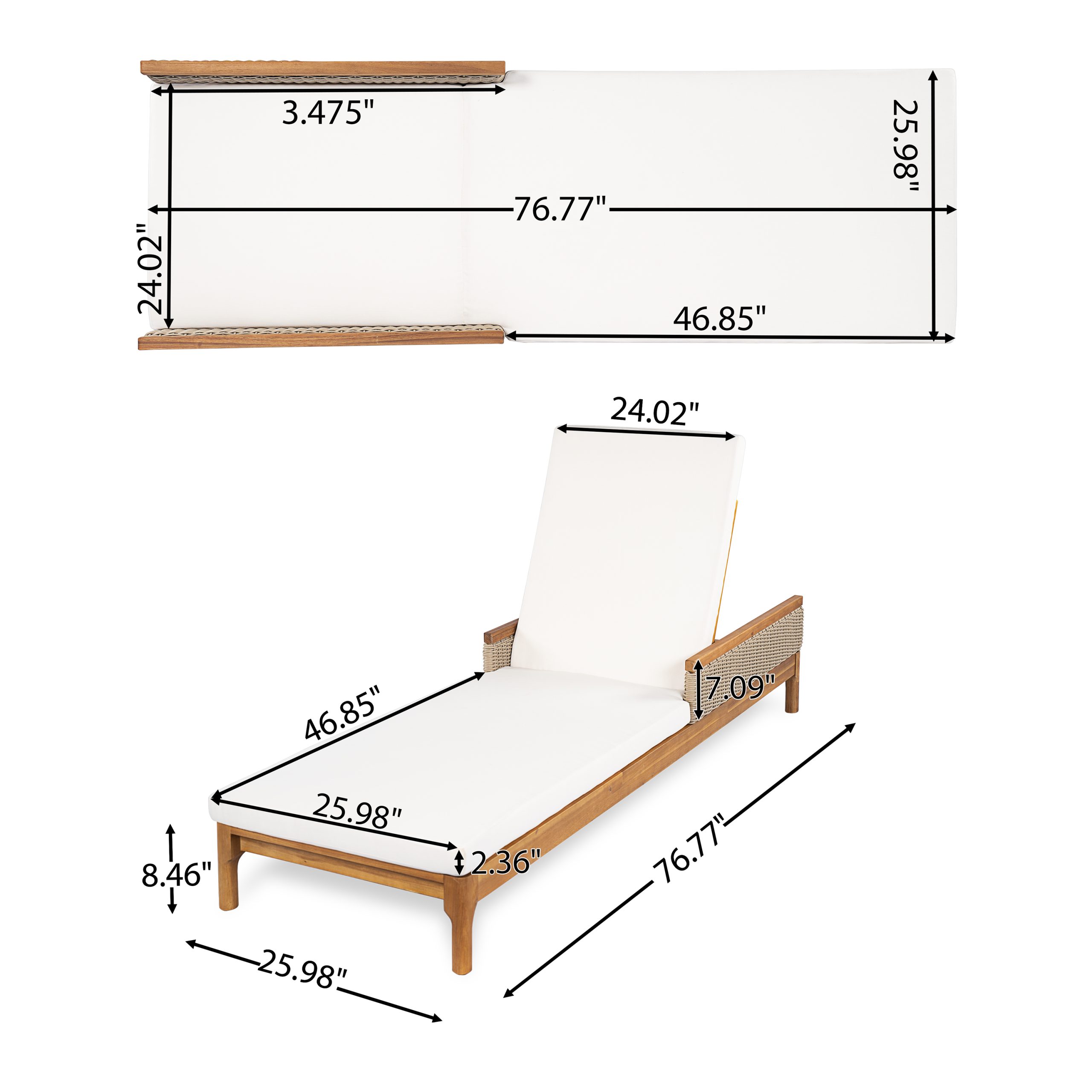 Solid Acacia Wood Sun Chaise Lounger with Beige Cushions and Light Grey Wicker, 76.8" Outdoor Patio Furniture for Garden, Deck, Poolside Relaxation,Natural +Beige Cushion - Image 3