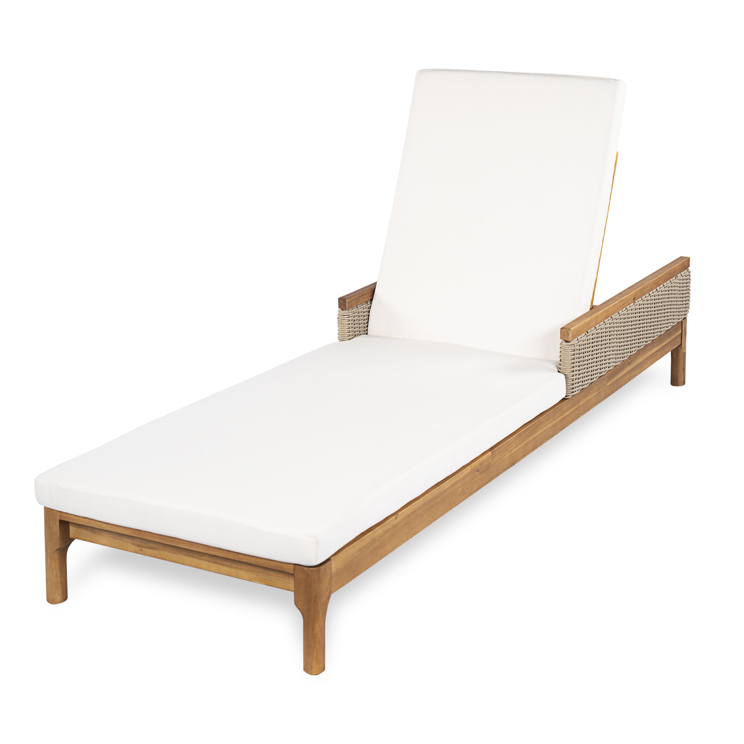 Solid Acacia Wood Sun Chaise Lounger with Beige Cushions and Light Grey Wicker, 76.8" Outdoor Patio Furniture for Garden, Deck, Poolside Relaxation,Natural +Beige Cushion - Image 4