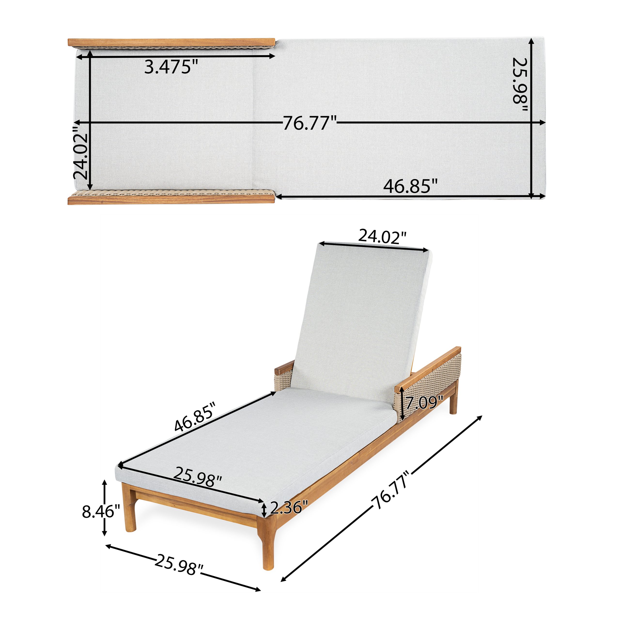 Solid Acacia Wood Sun Chaise Lounger with Grey Cushions and Light Grey Wicker, 76.8" Outdoor Patio Furniture for Garden, Deck, Poolside Relaxation,Natural +Light Grey Wicker - Image 3