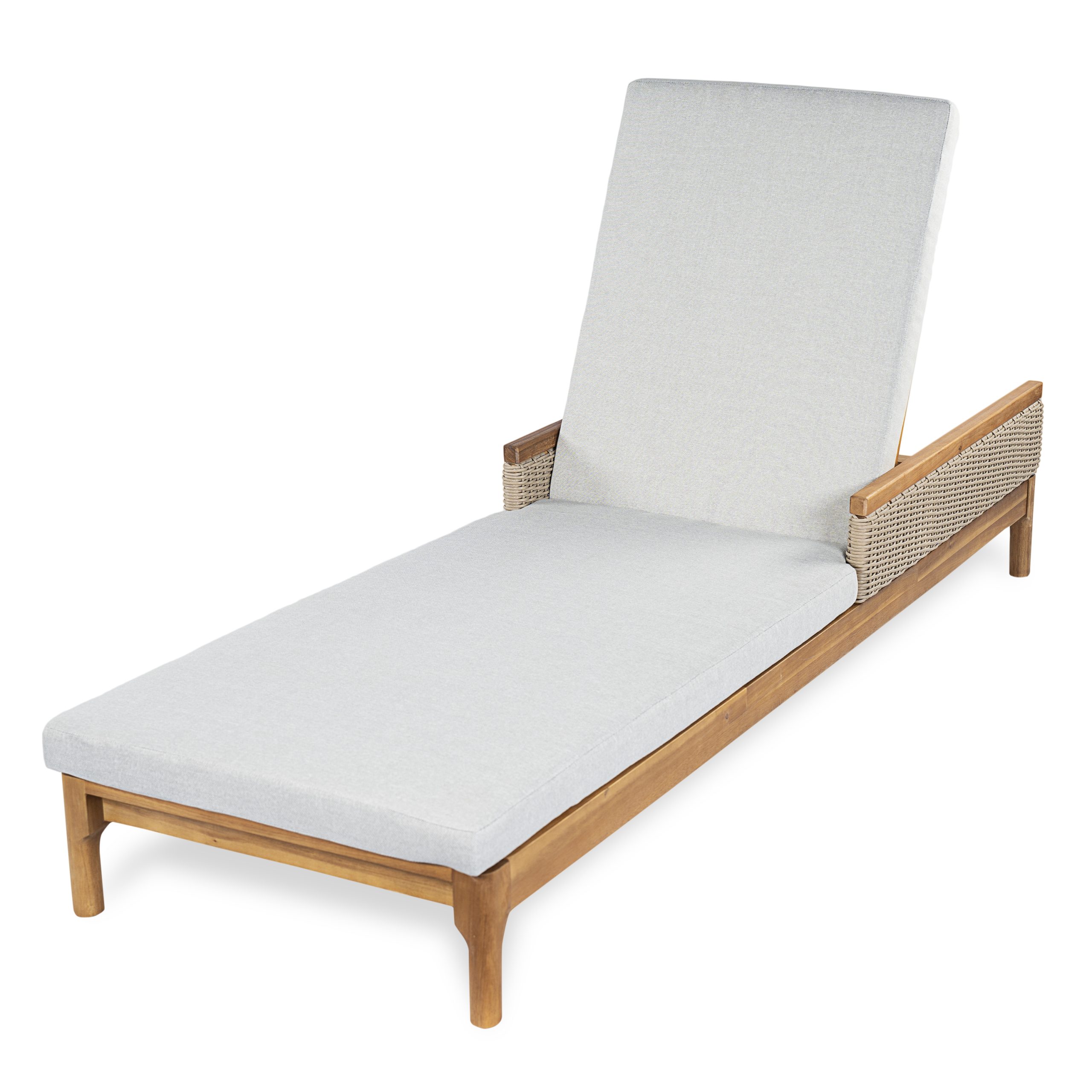 Solid Acacia Wood Sun Chaise Lounger with Grey Cushions and Light Grey Wicker, 76.8" Outdoor Patio Furniture for Garden, Deck, Poolside Relaxation,Natural +Light Grey Wicker - Image 4