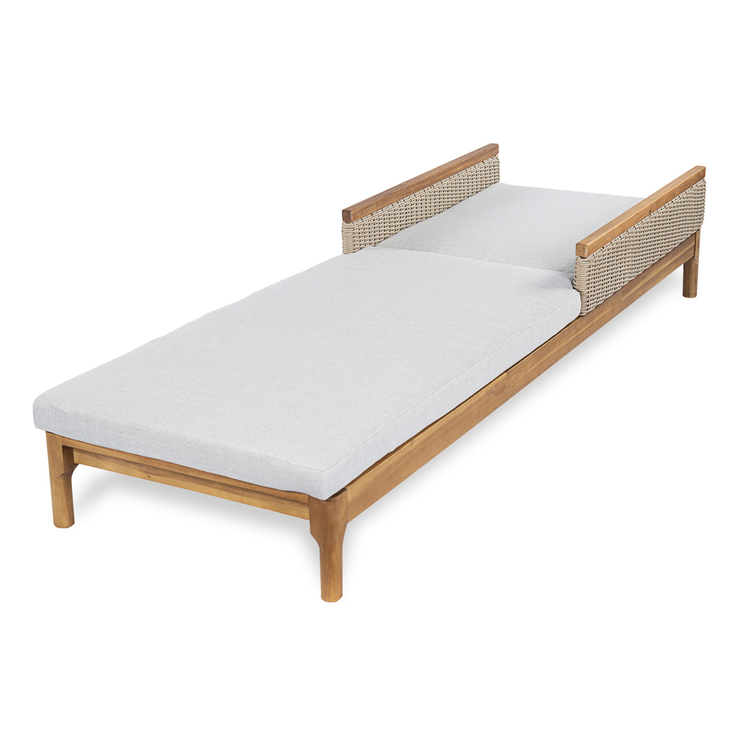 Solid Acacia Wood Sun Chaise Lounger with Grey Cushions and Light Grey Wicker, 76.8" Outdoor Patio Furniture for Garden, Deck, Poolside Relaxation,Natural +Light Grey Wicker - Image 5