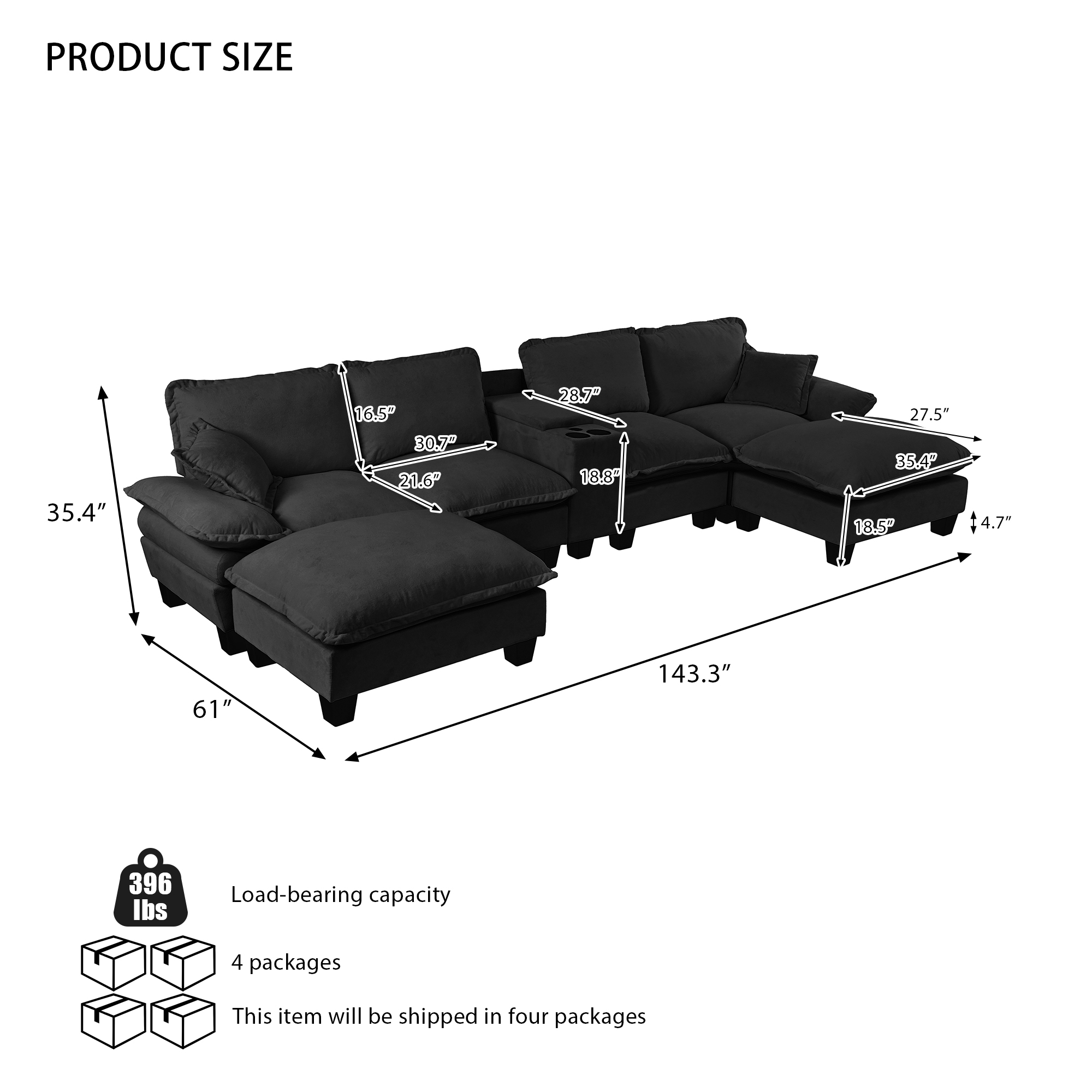 Modular Cloud Couch, U-Shape Sailboat Sofa with Cup Holders & Storage, USB Port, 2 Ottomans & 2 Pillows, Chenille for Apartment & Living Room, Black - Image 2