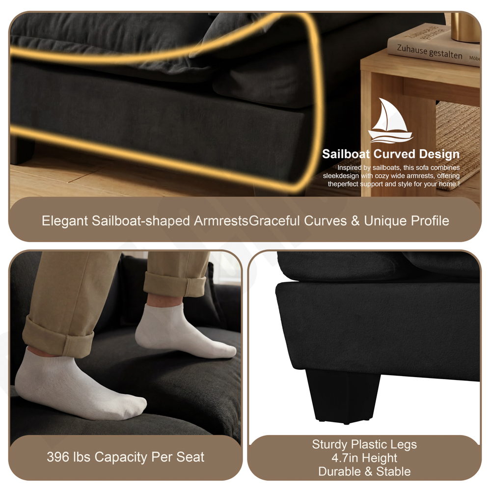 Modular Sectional Sofa, L-Shape Cloud Couch with Sailboat Design, 1 Movable Ottomans & 2 Soft Pillows Included, Comfy Chenille for Apartment Living Room, Black - Image 4