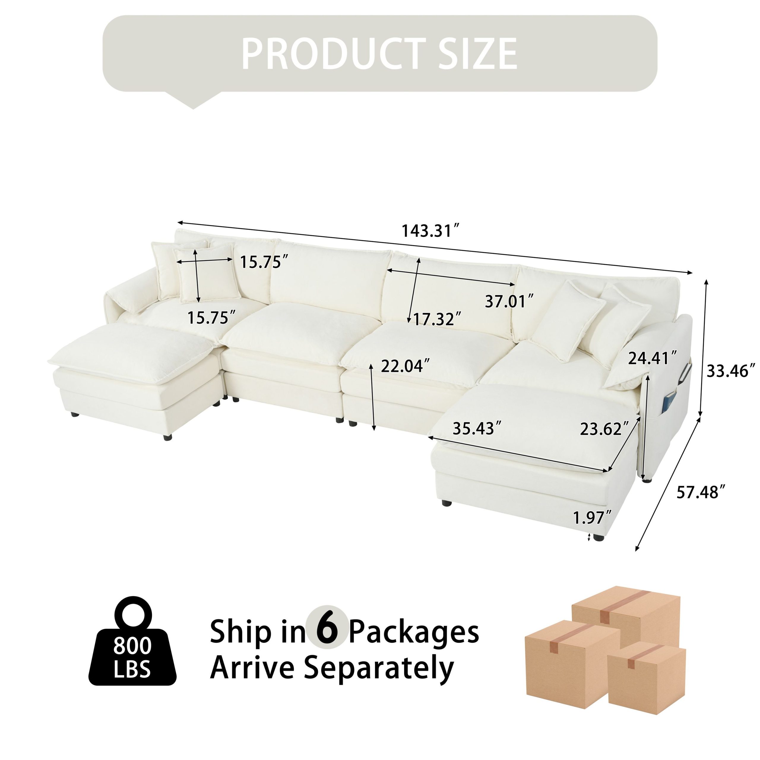 (Old:W3163S00028) Modular Sectional Sofa, Oversized Deep Seat U Shaped Couch Set for Living Room, 4-Seater Comfy Cloud Couches with 2 Movable Ottomans, DIY Combination, Chenille,Beige - Image 2