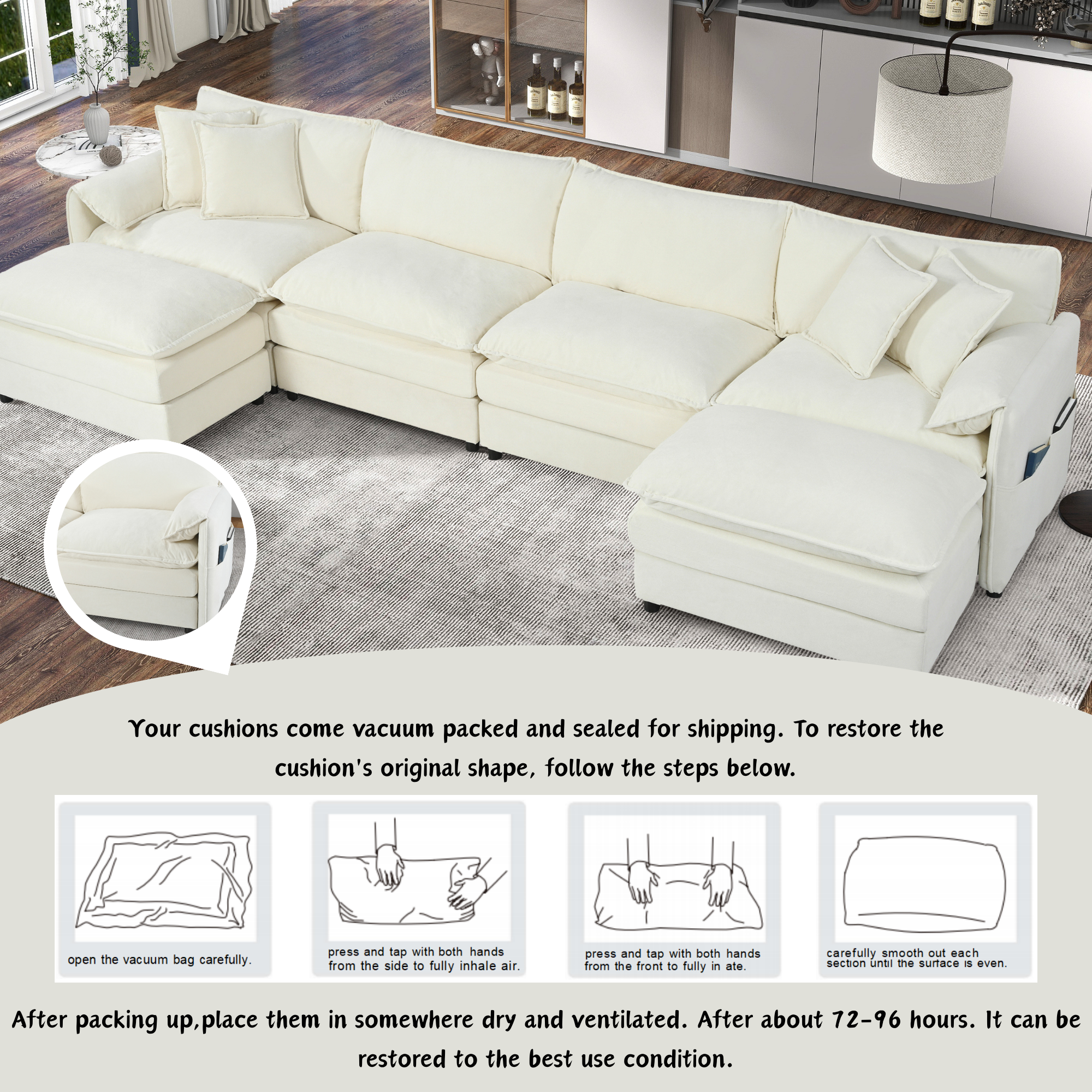 (Old:W3163S00028) Modular Sectional Sofa, Oversized Deep Seat U Shaped Couch Set for Living Room, 4-Seater Comfy Cloud Couches with 2 Movable Ottomans, DIY Combination, Chenille,Beige - Image 3