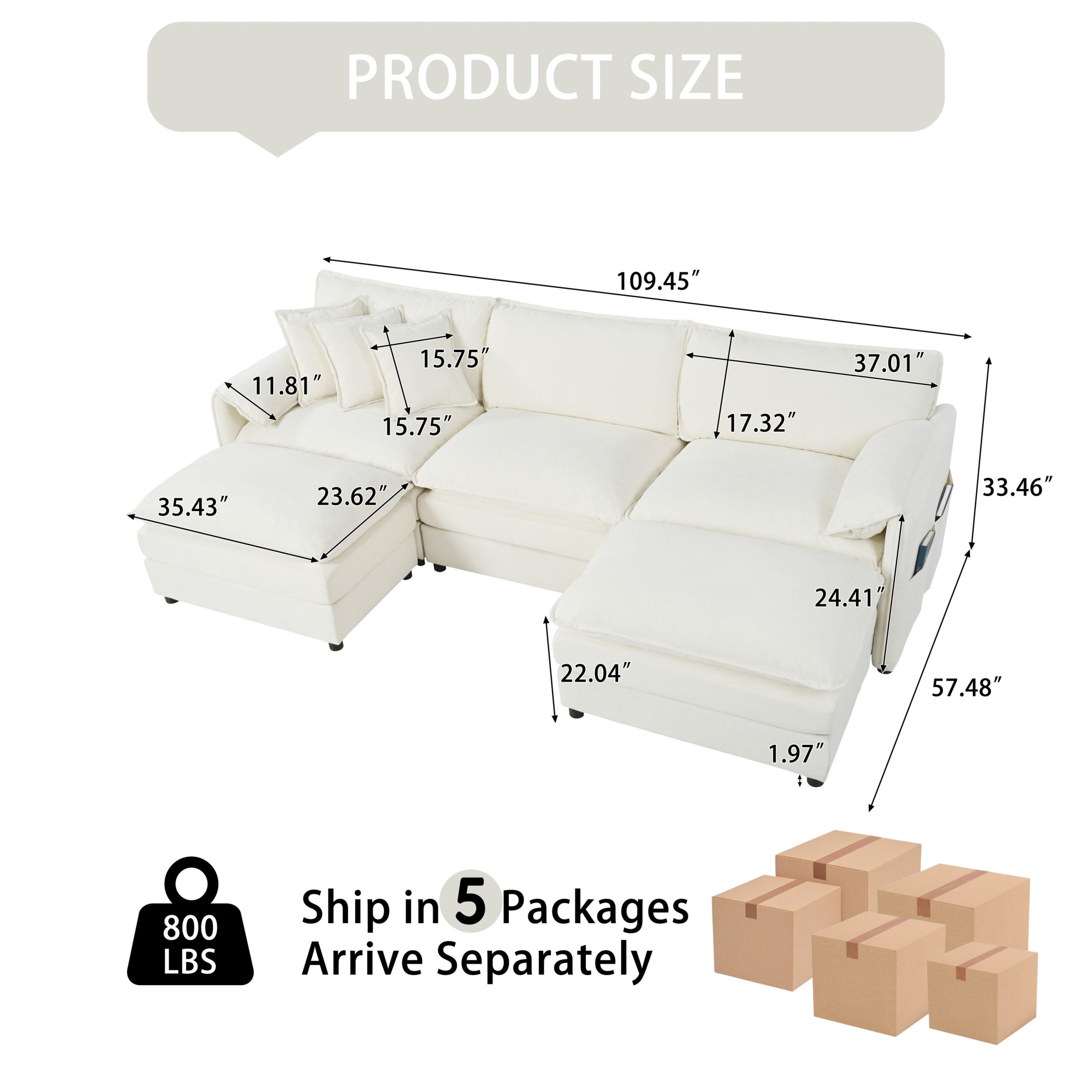 (Old:W3163S00022) Modular Sectional Sofa, Oversized Deep Seat U Shaped Couch Set for Living Room, 3-Seater Comfy Cloud Couches with 2 Movable Ottomans, DIY Combination, Chenille,Beige - Image 2