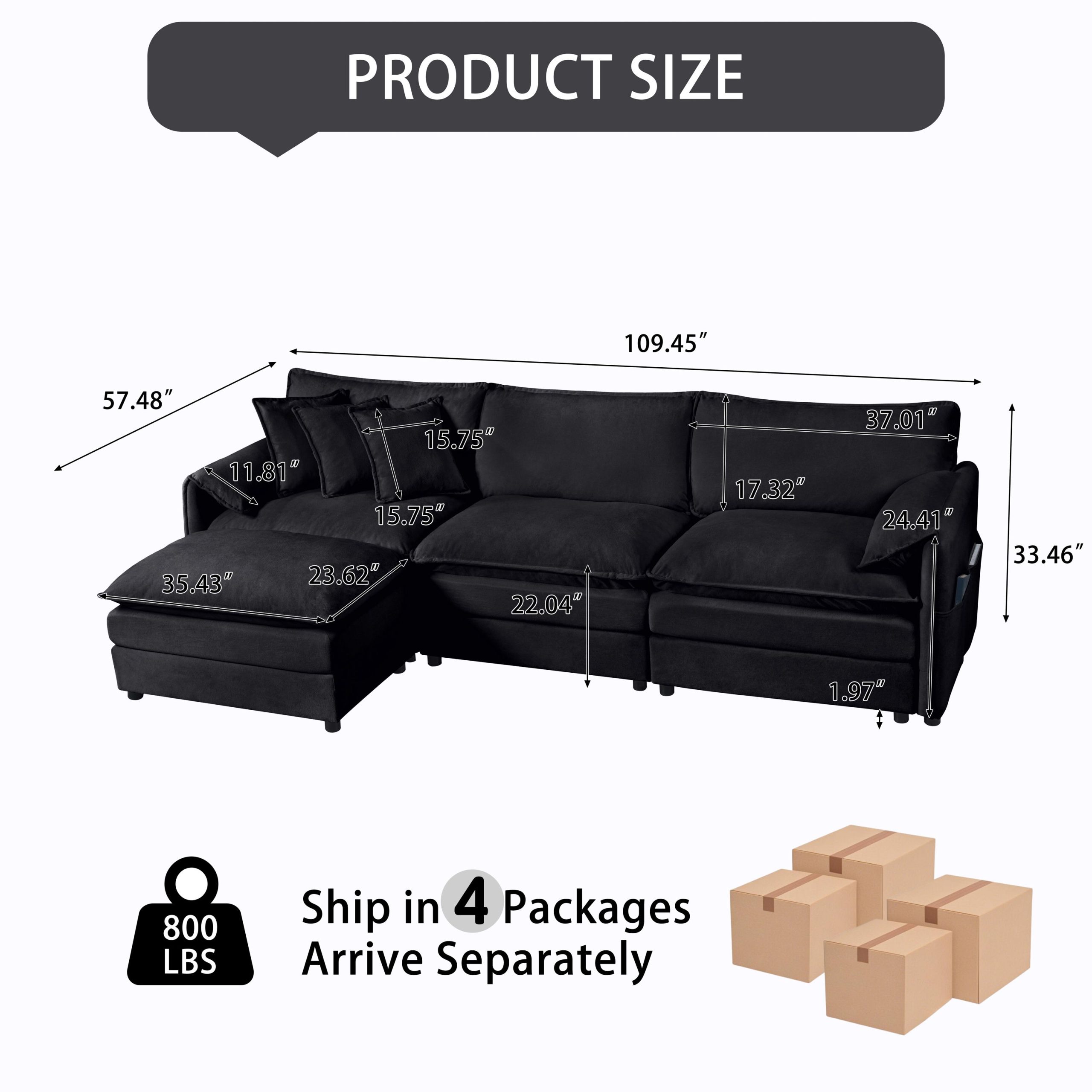 (Old:W3163S00021) Modular Sectional Sofa, Oversized Deep Seat L Shaped Couch Set for Living Room, 3-Seater Comfy Cloud Couches with Movable Ottoman, DIY Combination, Chenille,Black - Image 2