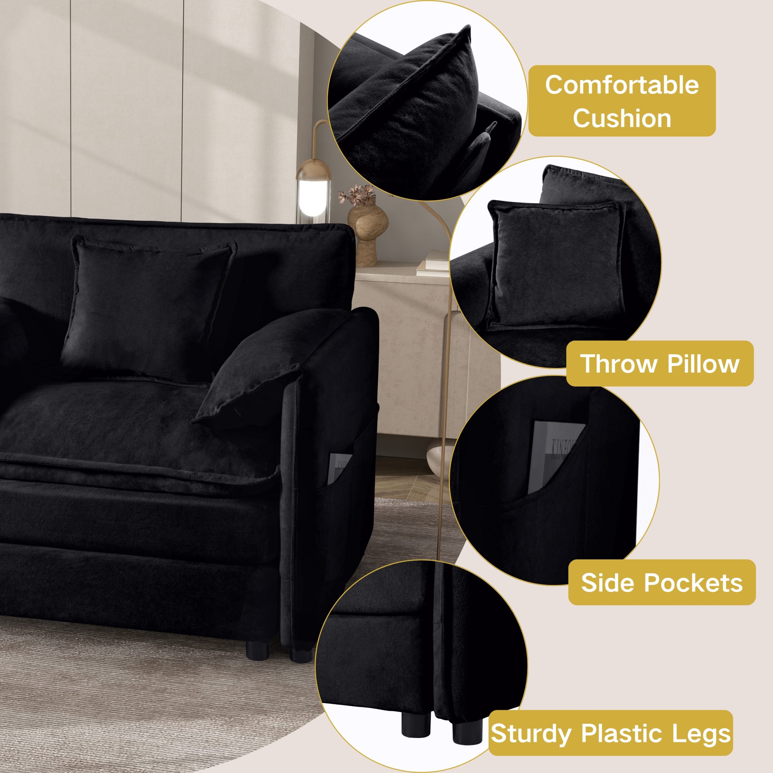 (Old:W3163S00021) Modular Sectional Sofa, Oversized Deep Seat L Shaped Couch Set for Living Room, 3-Seater Comfy Cloud Couches with Movable Ottoman, DIY Combination, Chenille,Black - Image 5