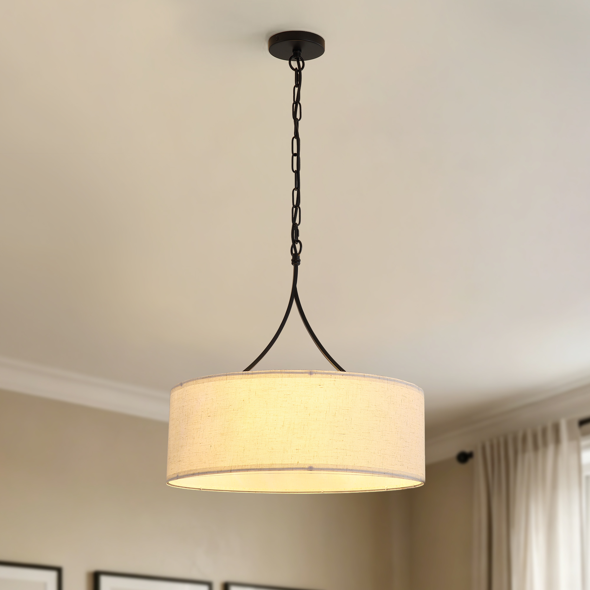 Modern 3-Light Fabric Pendant Light, Black Adjustable Drum Chandelier, Matte Black Fabric Shade Ceiling Light Fixture for Dining Room Living Room Bedroom - Image 2