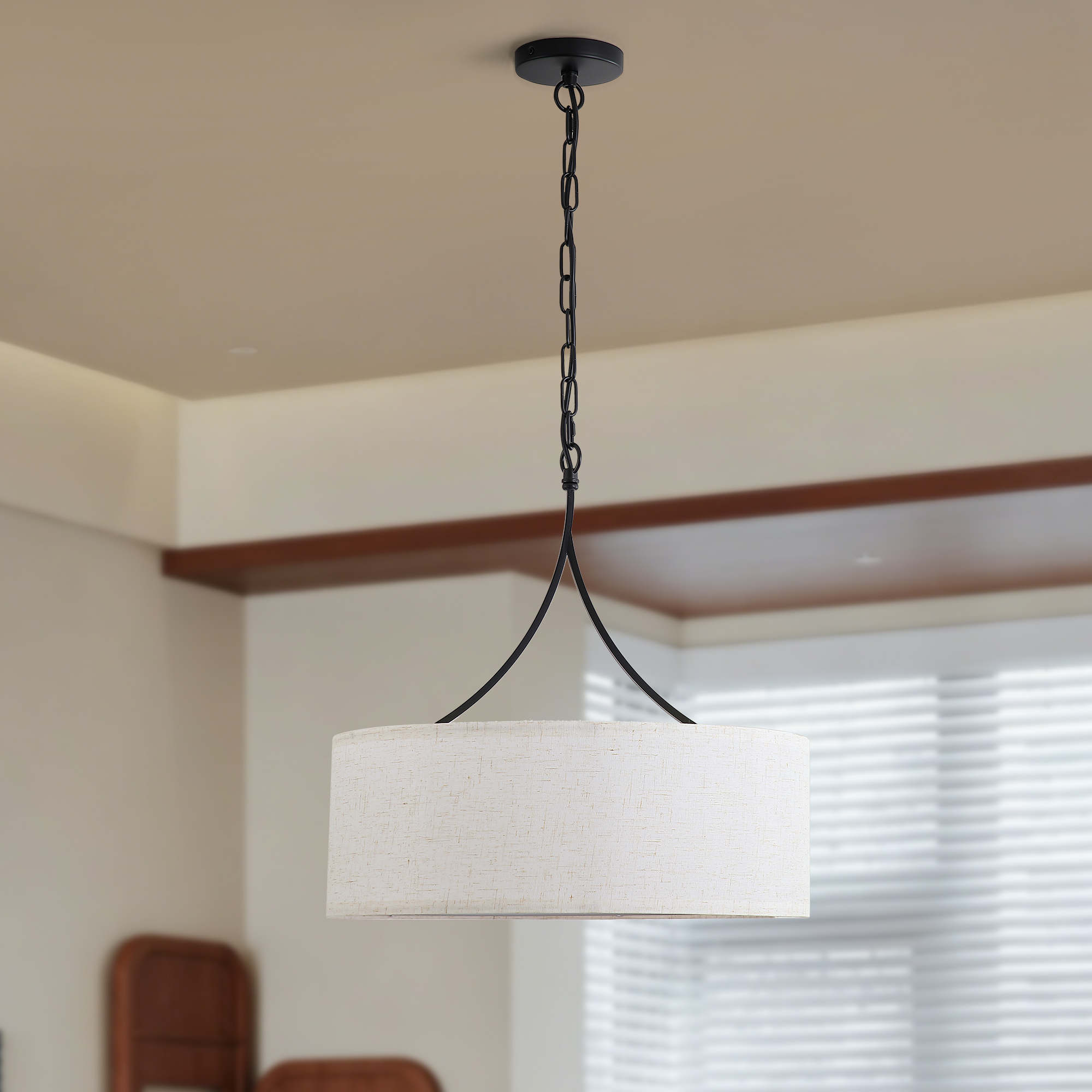 Modern 3-Light Fabric Pendant Light, Black Adjustable Drum Chandelier, Matte Black Fabric Shade Ceiling Light Fixture for Dining Room Living Room Bedroom - Image 3
