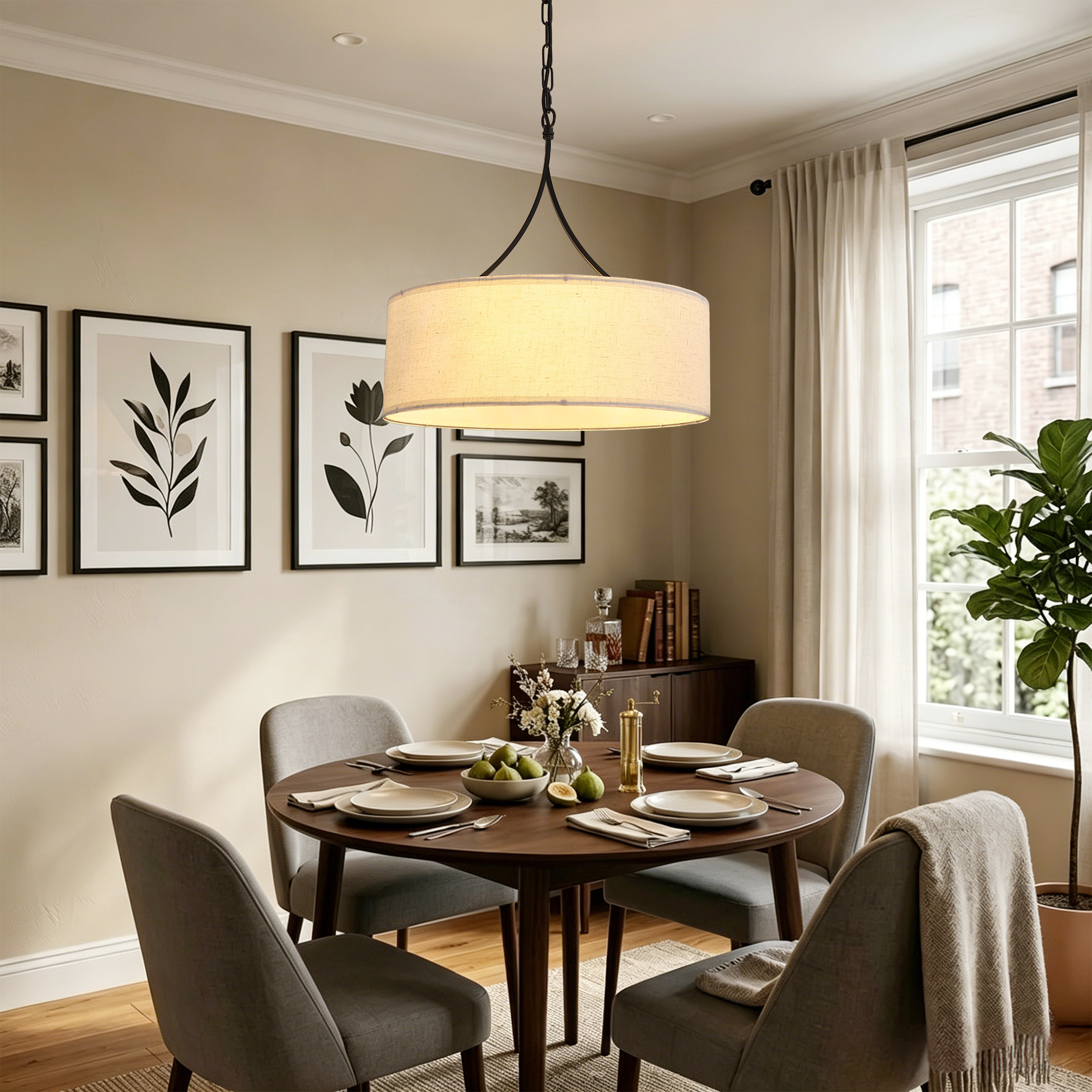 Modern 3-Light Fabric Pendant Light, Black Adjustable Drum Chandelier, Matte Black Fabric Shade Ceiling Light Fixture for Dining Room Living Room Bedroom - Image 5