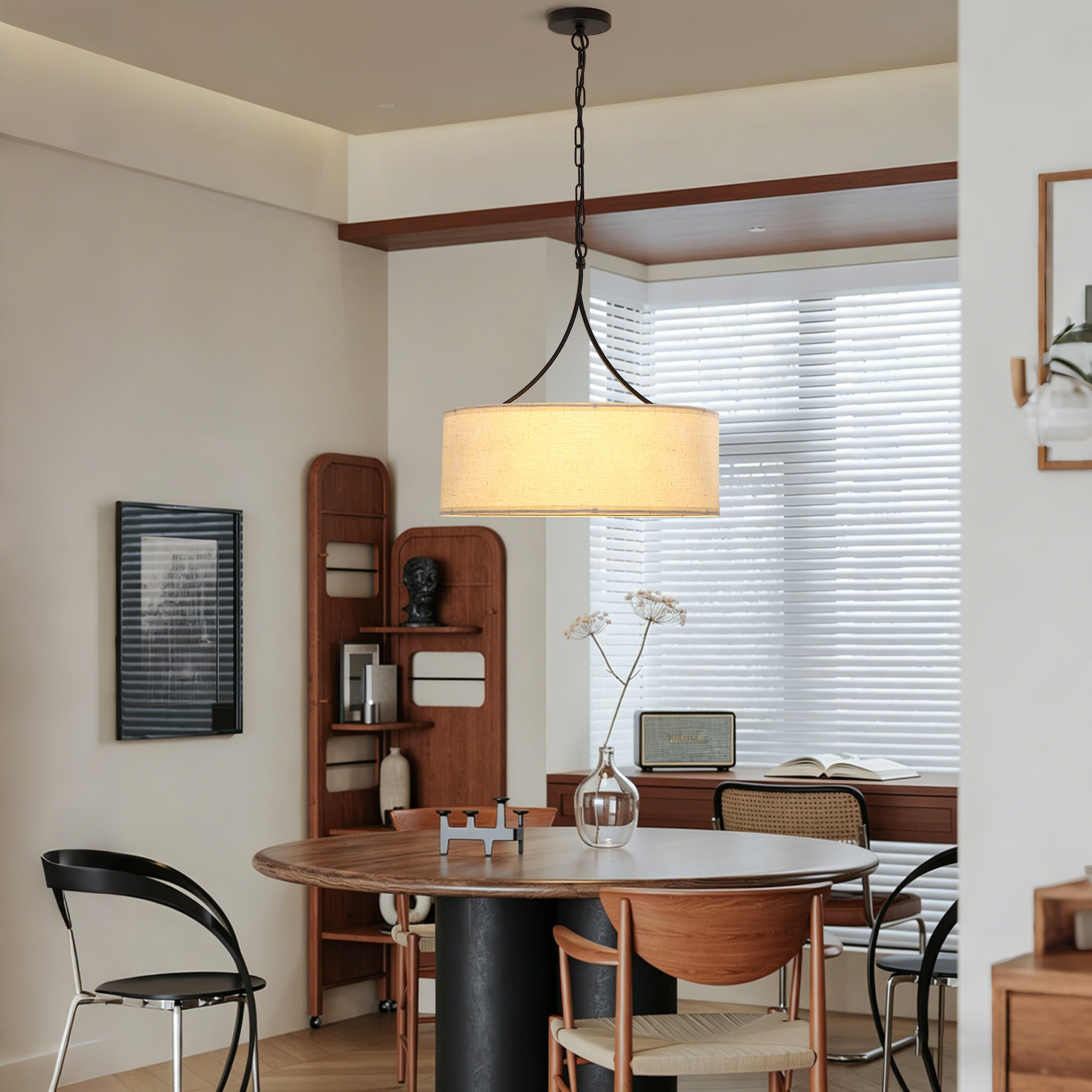 Modern 3-Light Fabric Pendant Light, Black Adjustable Drum Chandelier, Matte Black Fabric Shade Ceiling Light Fixture for Dining Room Living Room Bedroom - Image 6