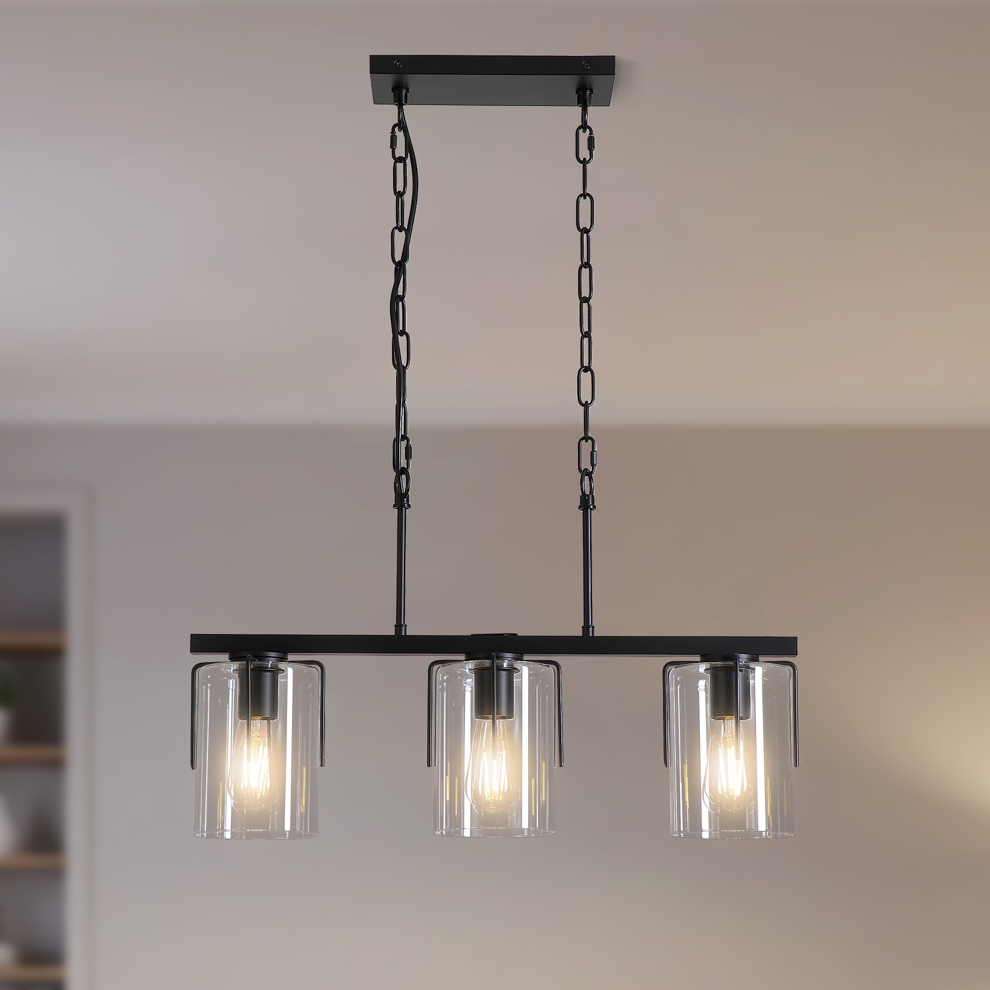 3-Light Matte Black Linear Pendant Light, Industrial Kitchen Island Lighting with Clear Glass Shades, Adjustable Chain Chandelier for Dining Room, Living Room & Entryway - Image 2
