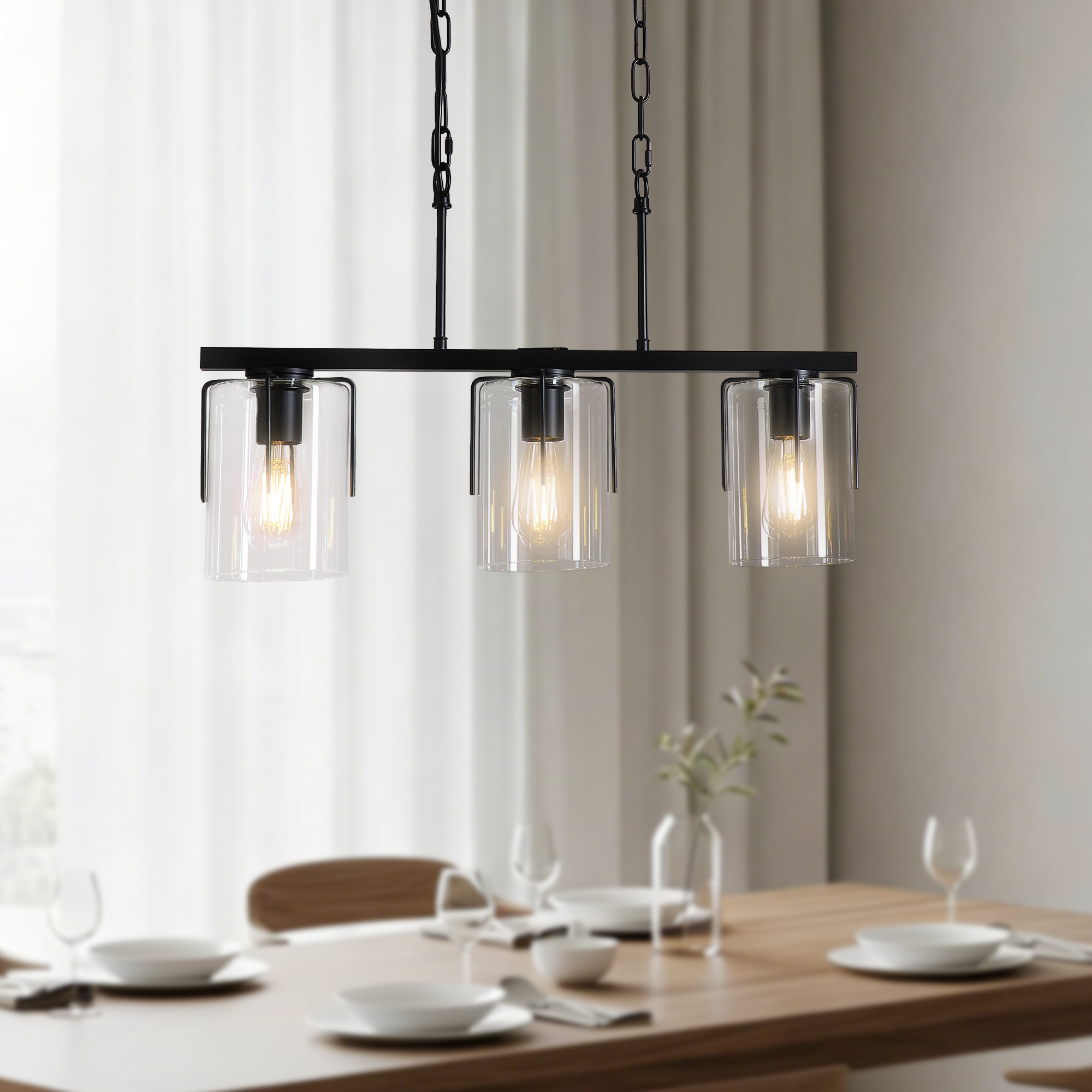3-Light Matte Black Linear Pendant Light, Industrial Kitchen Island Lighting with Clear Glass Shades, Adjustable Chain Chandelier for Dining Room, Living Room & Entryway - Image 3