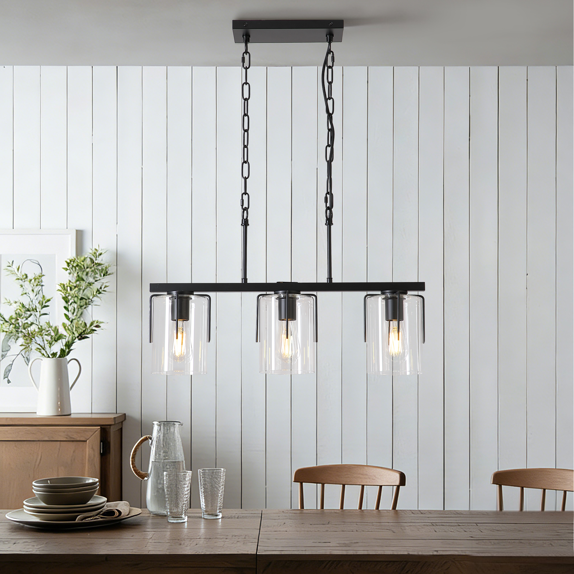 3-Light Matte Black Linear Pendant Light, Industrial Kitchen Island Lighting with Clear Glass Shades, Adjustable Chain Chandelier for Dining Room, Living Room & Entryway - Image 4