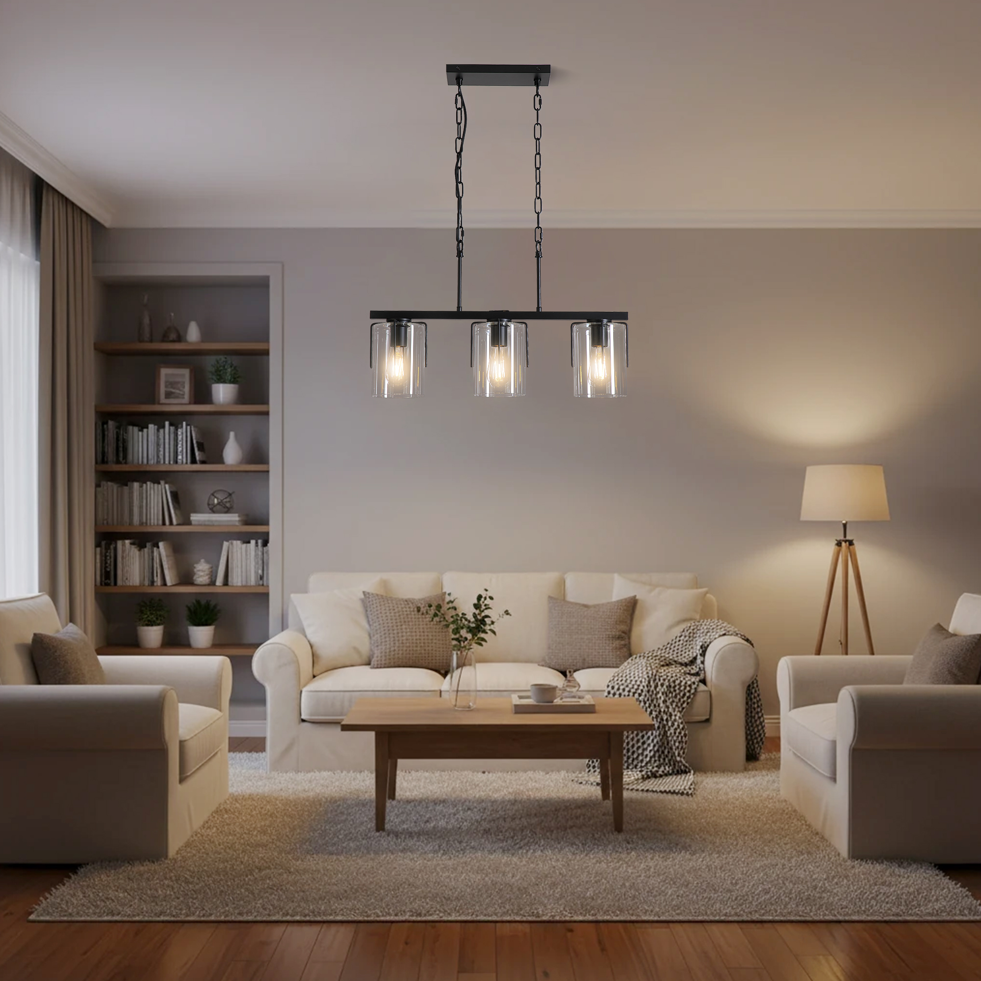 3-Light Matte Black Linear Pendant Light, Industrial Kitchen Island Lighting with Clear Glass Shades, Adjustable Chain Chandelier for Dining Room, Living Room & Entryway - Image 5