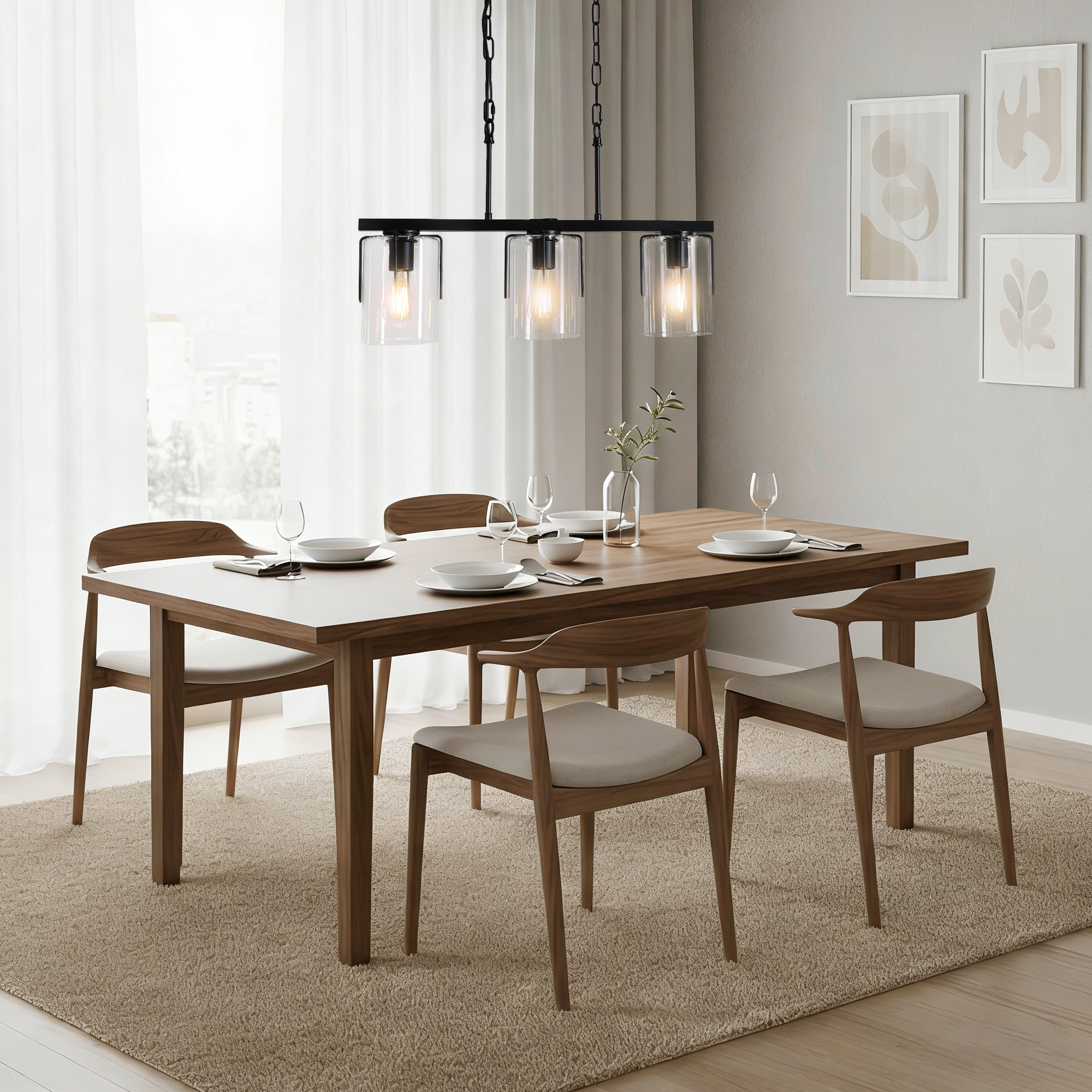 3-Light Matte Black Linear Pendant Light, Industrial Kitchen Island Lighting with Clear Glass Shades, Adjustable Chain Chandelier for Dining Room, Living Room & Entryway - Image 6