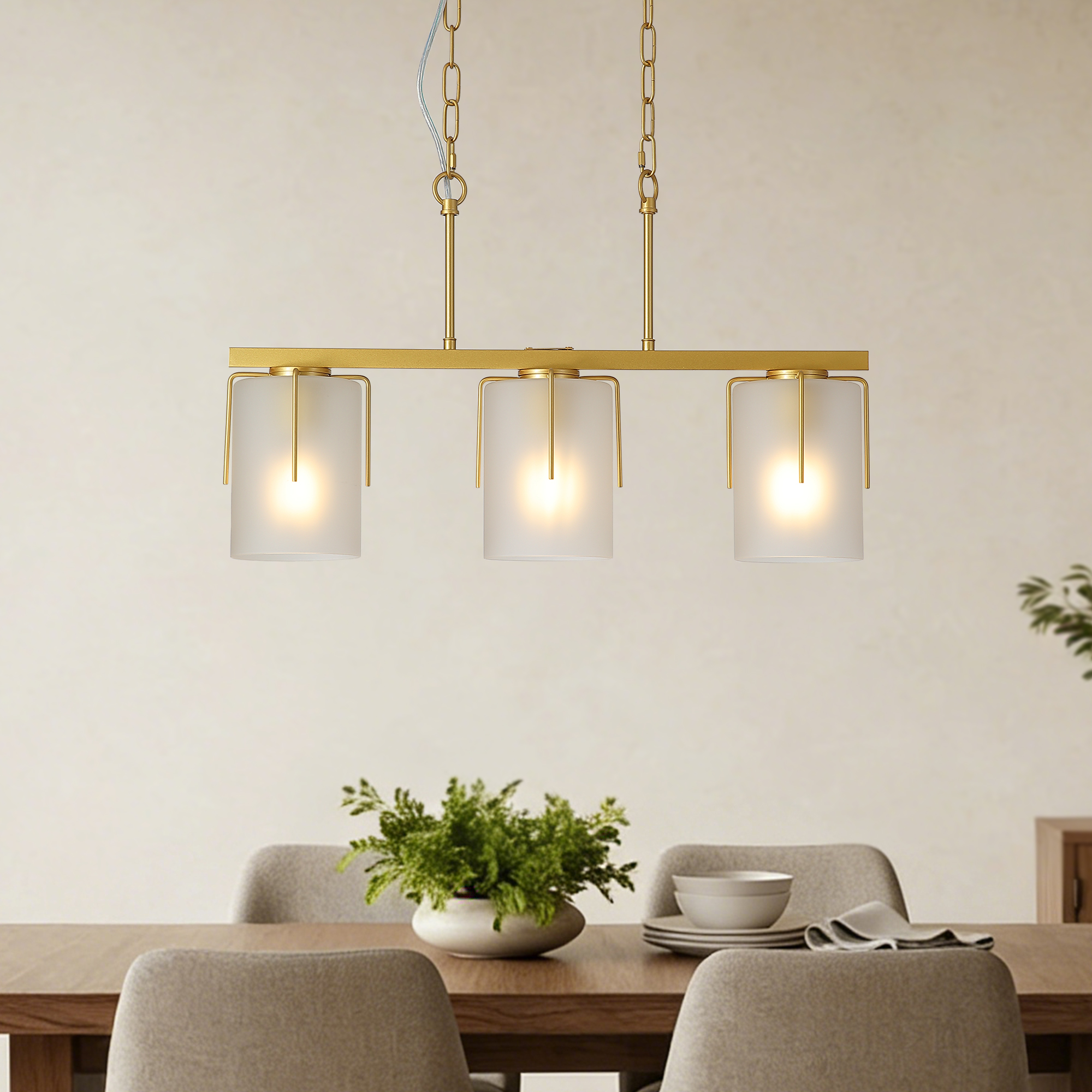 Modern Gold 3-Light Linear Chandelier, E26 Base, Adjustable Height Pendant Light with Milky White Frosted Glass Shades, Industrial Kitchen Island Lighting for Dining Room, Hallway, Entryway (Bulbs Not - Image 2