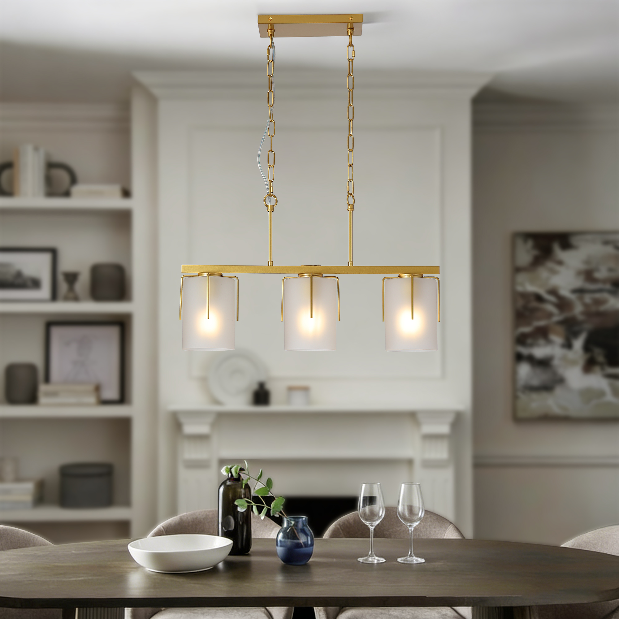 Modern Gold 3-Light Linear Chandelier, E26 Base, Adjustable Height Pendant Light with Milky White Frosted Glass Shades, Industrial Kitchen Island Lighting for Dining Room, Hallway, Entryway (Bulbs Not - Image 3