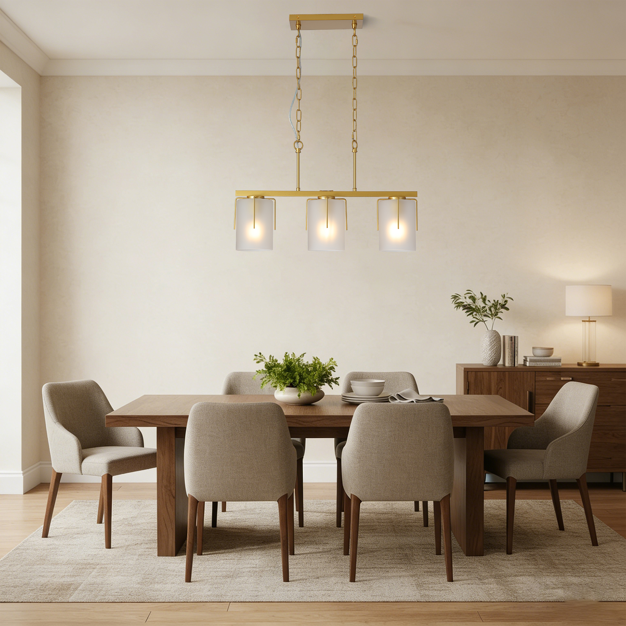 Modern Gold 3-Light Linear Chandelier, E26 Base, Adjustable Height Pendant Light with Milky White Frosted Glass Shades, Industrial Kitchen Island Lighting for Dining Room, Hallway, Entryway (Bulbs Not - Image 4
