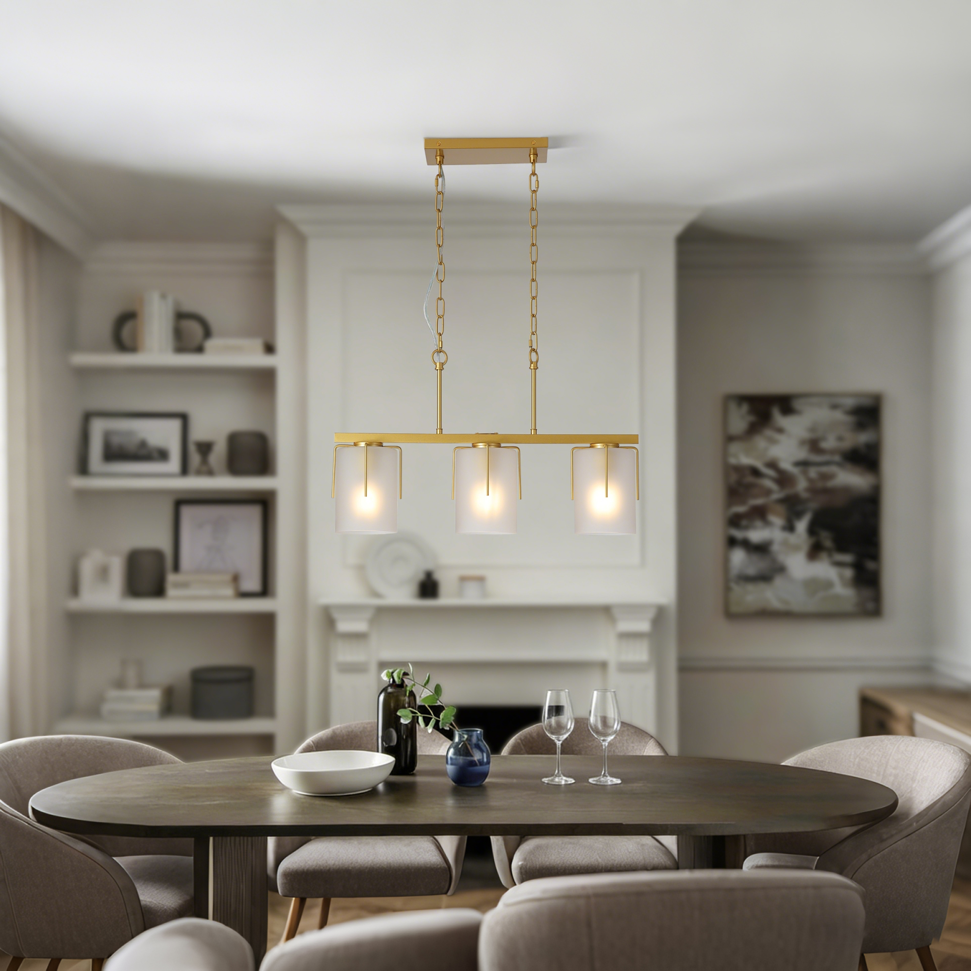 Modern Gold 3-Light Linear Chandelier, E26 Base, Adjustable Height Pendant Light with Milky White Frosted Glass Shades, Industrial Kitchen Island Lighting for Dining Room, Hallway, Entryway (Bulbs Not - Image 5