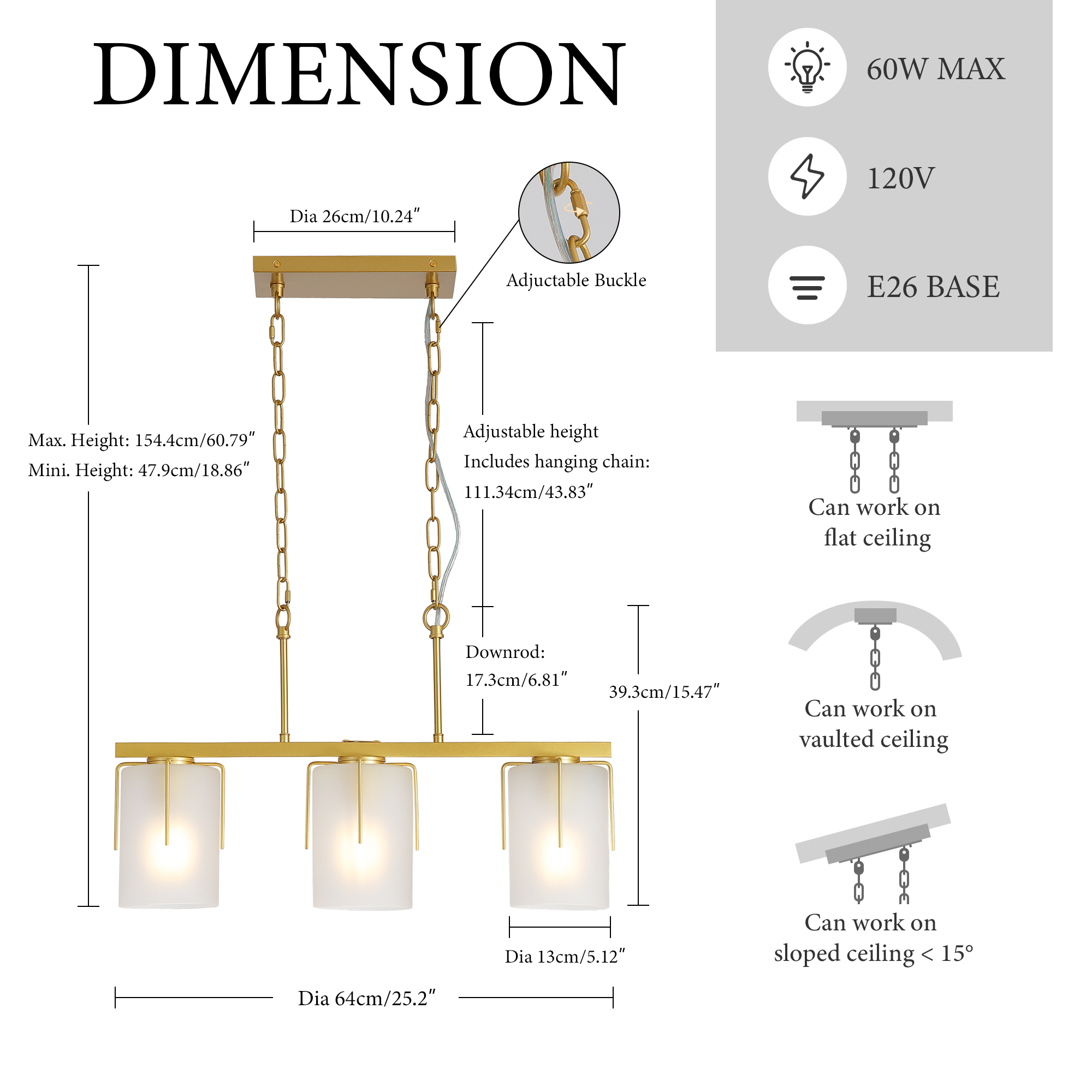 Modern Gold 3-Light Linear Chandelier, E26 Base, Adjustable Height Pendant Light with Milky White Frosted Glass Shades, Industrial Kitchen Island Lighting for Dining Room, Hallway, Entryway (Bulbs Not - Image 6