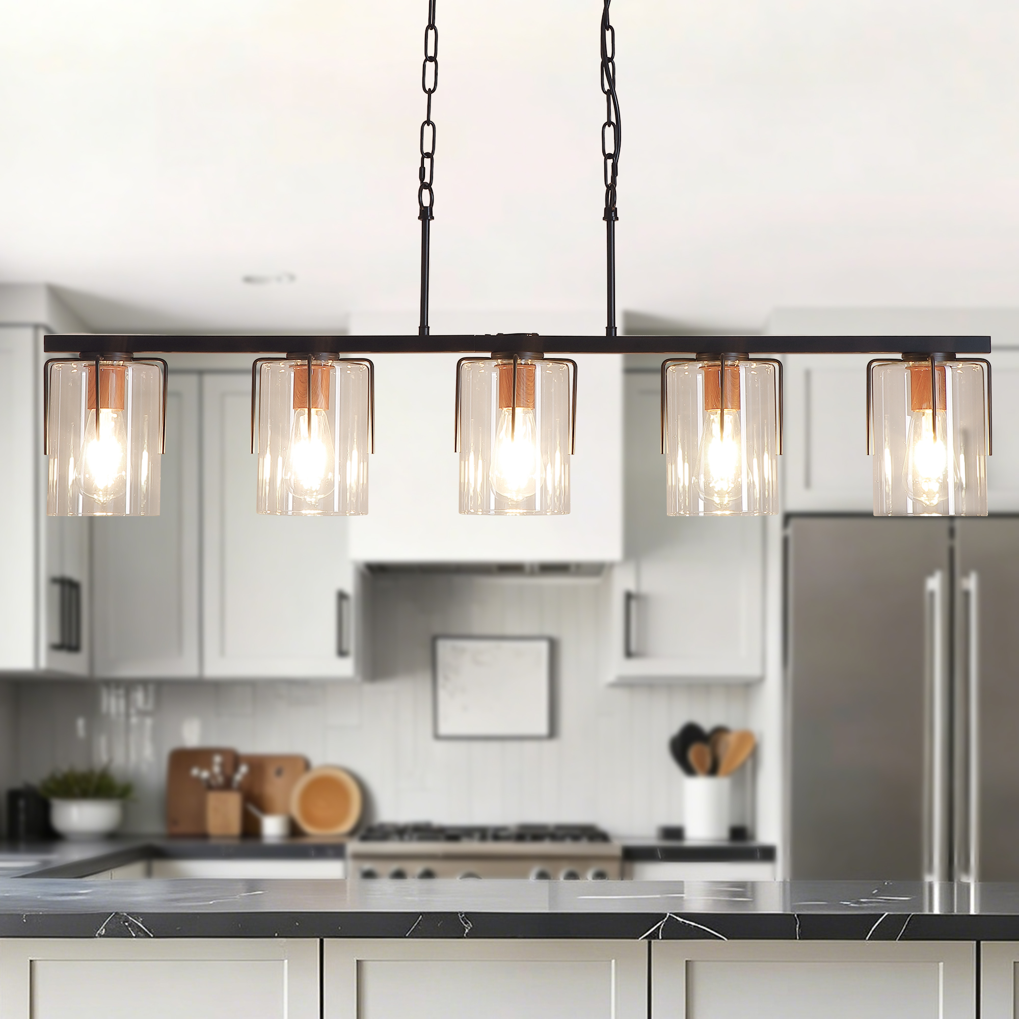 5-Light Linear Chandelier, Industrial Kitchen Island Lighting with Adjustable Height, Clear Glass Shades & Wood Grain Accent, E26 Base, Modern Farmhouse Dining Room Light Fixture for Living Room - Image 3