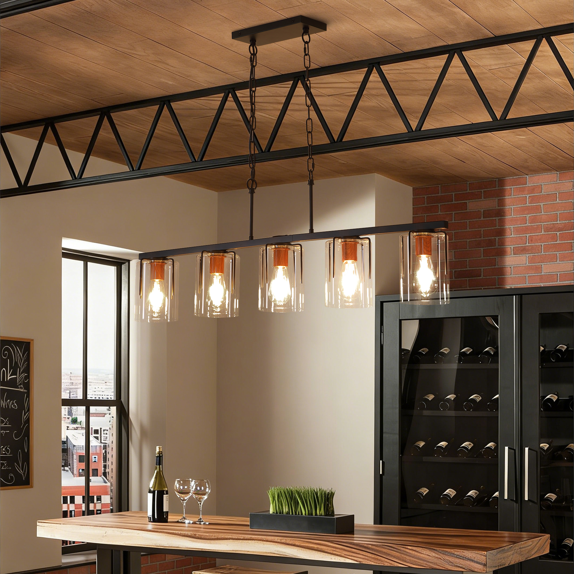 5-Light Linear Chandelier, Industrial Kitchen Island Lighting with Adjustable Height, Clear Glass Shades & Wood Grain Accent, E26 Base, Modern Farmhouse Dining Room Light Fixture for Living Room - Image 2
