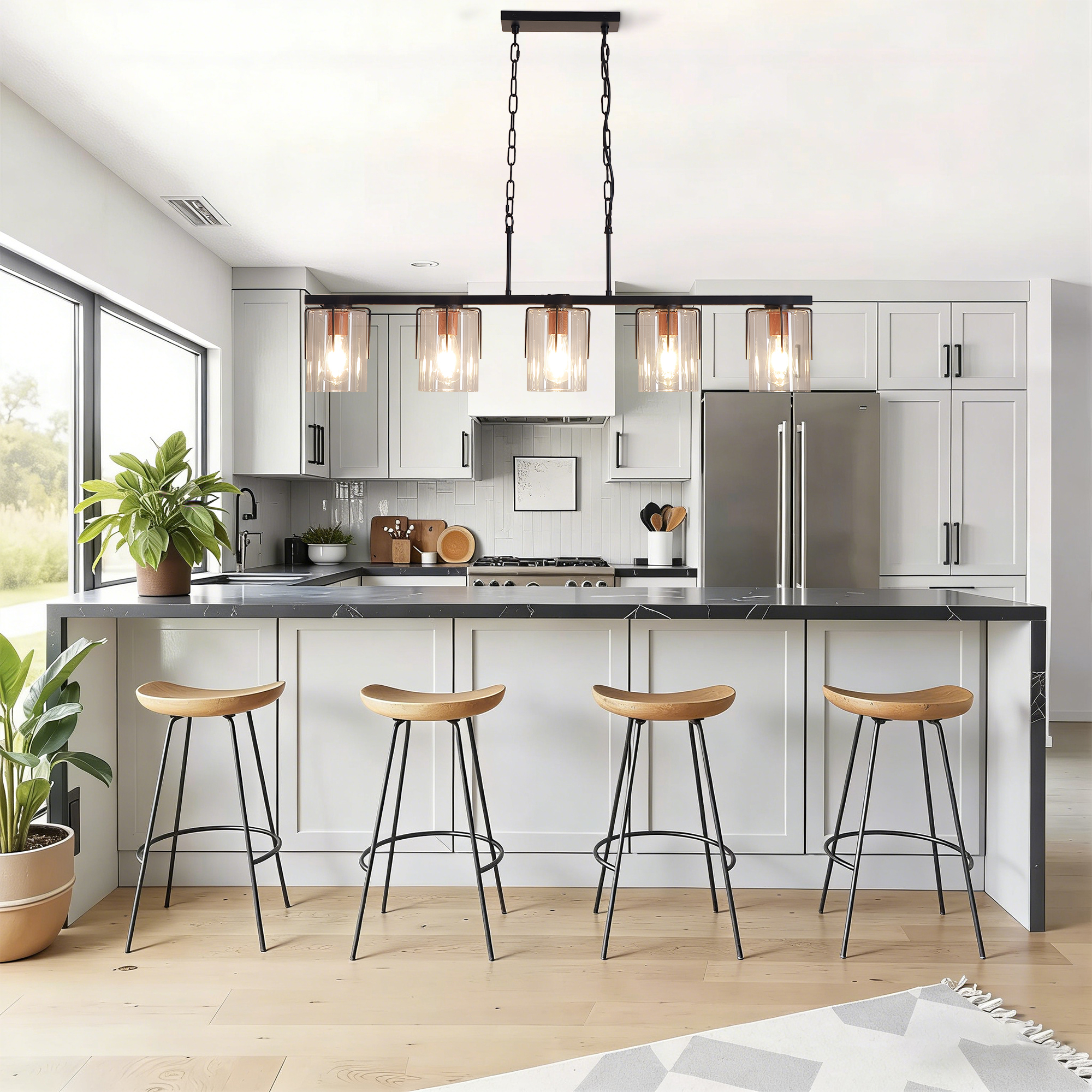 5-Light Linear Chandelier, Industrial Kitchen Island Lighting with Adjustable Height, Clear Glass Shades & Wood Grain Accent, E26 Base, Modern Farmhouse Dining Room Light Fixture for Living Room - Image 4