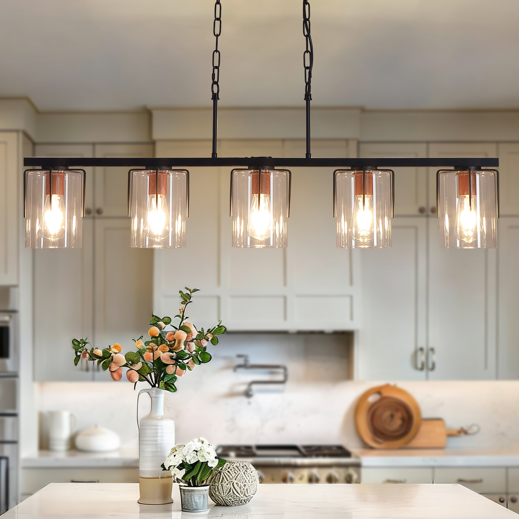 5-Light Linear Chandelier, Industrial Kitchen Island Lighting with Adjustable Height, Clear Glass Shades & Wood Grain Accent, E26 Base, Modern Farmhouse Dining Room Light Fixture for Living Room - Image 5