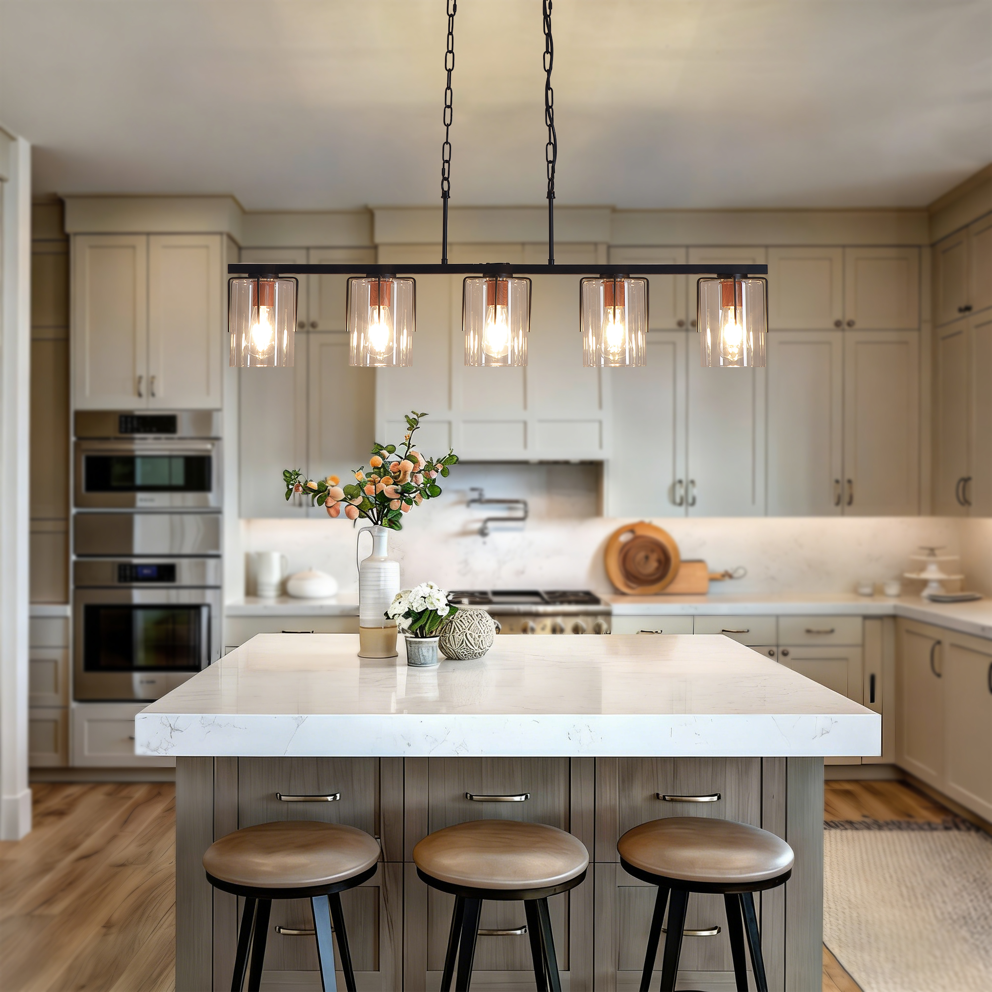 5-Light Linear Chandelier, Industrial Kitchen Island Lighting with Adjustable Height, Clear Glass Shades & Wood Grain Accent, E26 Base, Modern Farmhouse Dining Room Light Fixture for Living Room - Image 6