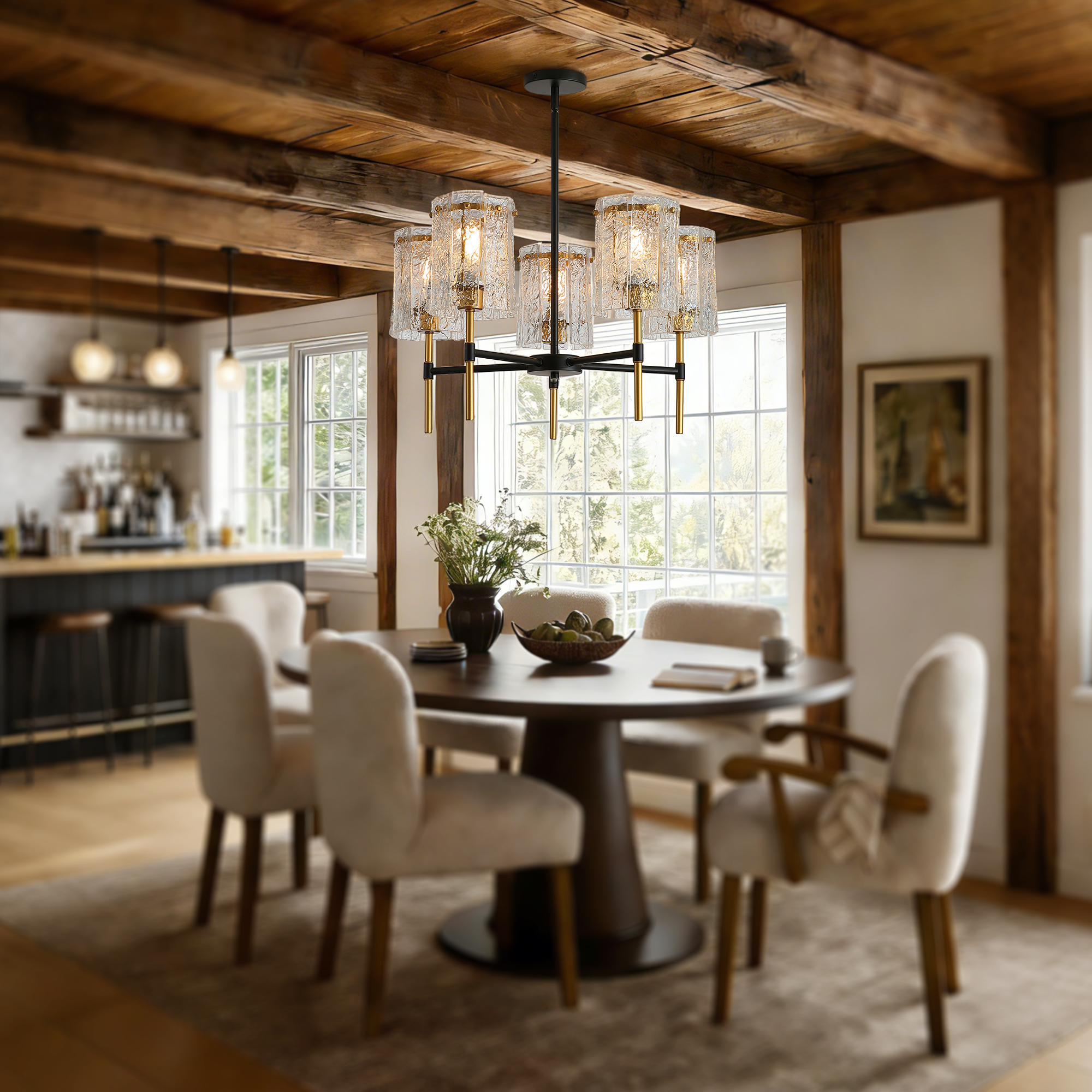 Modern 5-Light Black and Gold Chandelier, Textured Glass Pendant Light with Electroplated Gold Finish for Living Room Dining Room Not Including the Bulb - Image 2