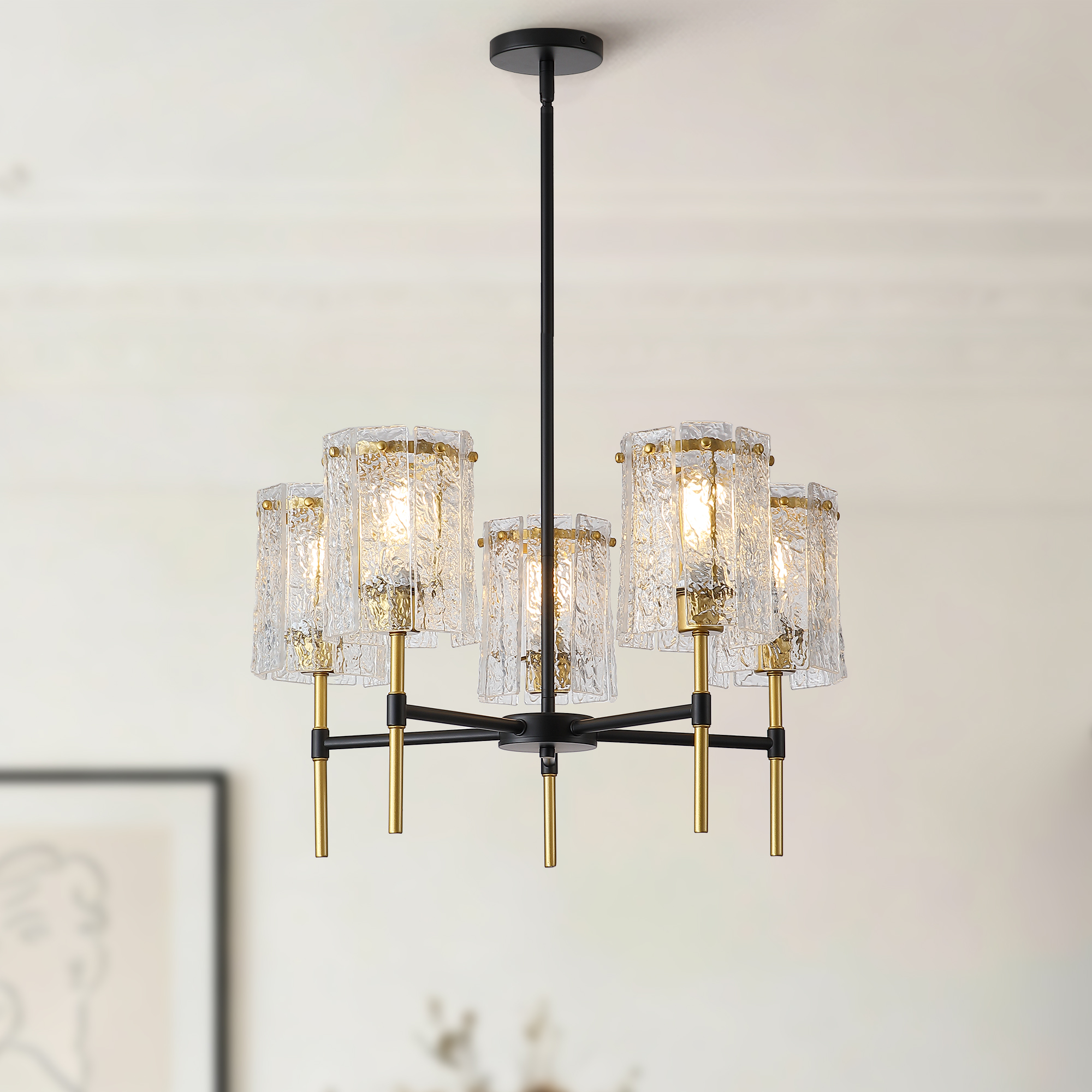 Modern 5-Light Black and Gold Chandelier, Textured Glass Pendant Light with Electroplated Gold Finish for Living Room Dining Room Not Including the Bulb - Image 3