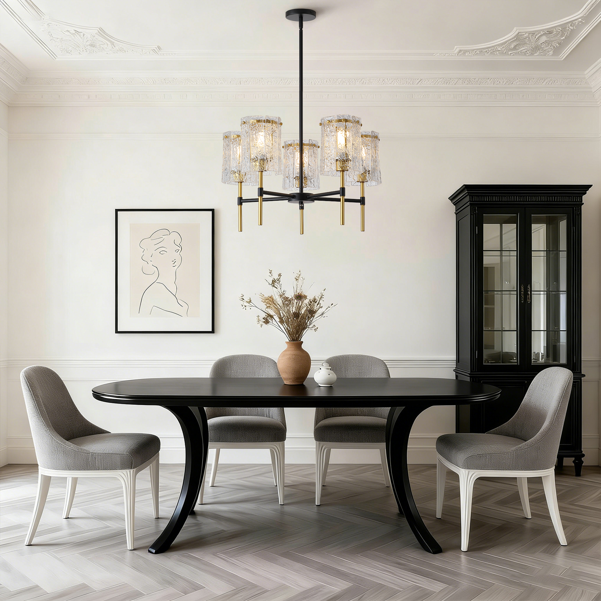 Modern 5-Light Black and Gold Chandelier, Textured Glass Pendant Light with Electroplated Gold Finish for Living Room Dining Room Not Including the Bulb - Image 4