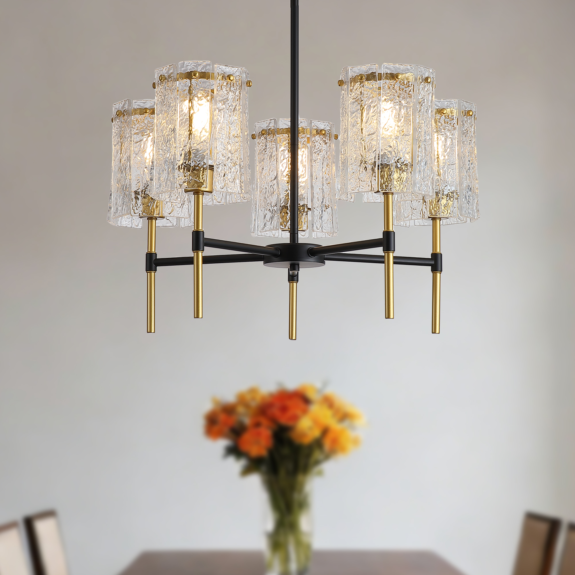 Modern 5-Light Black and Gold Chandelier, Textured Glass Pendant Light with Electroplated Gold Finish for Living Room Dining Room Not Including the Bulb - Image 5
