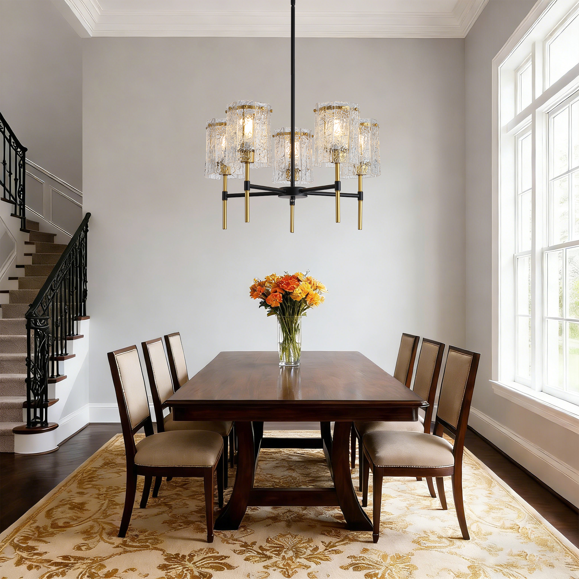 Modern 5-Light Black and Gold Chandelier, Textured Glass Pendant Light with Electroplated Gold Finish for Living Room Dining Room Not Including the Bulb - Image 6